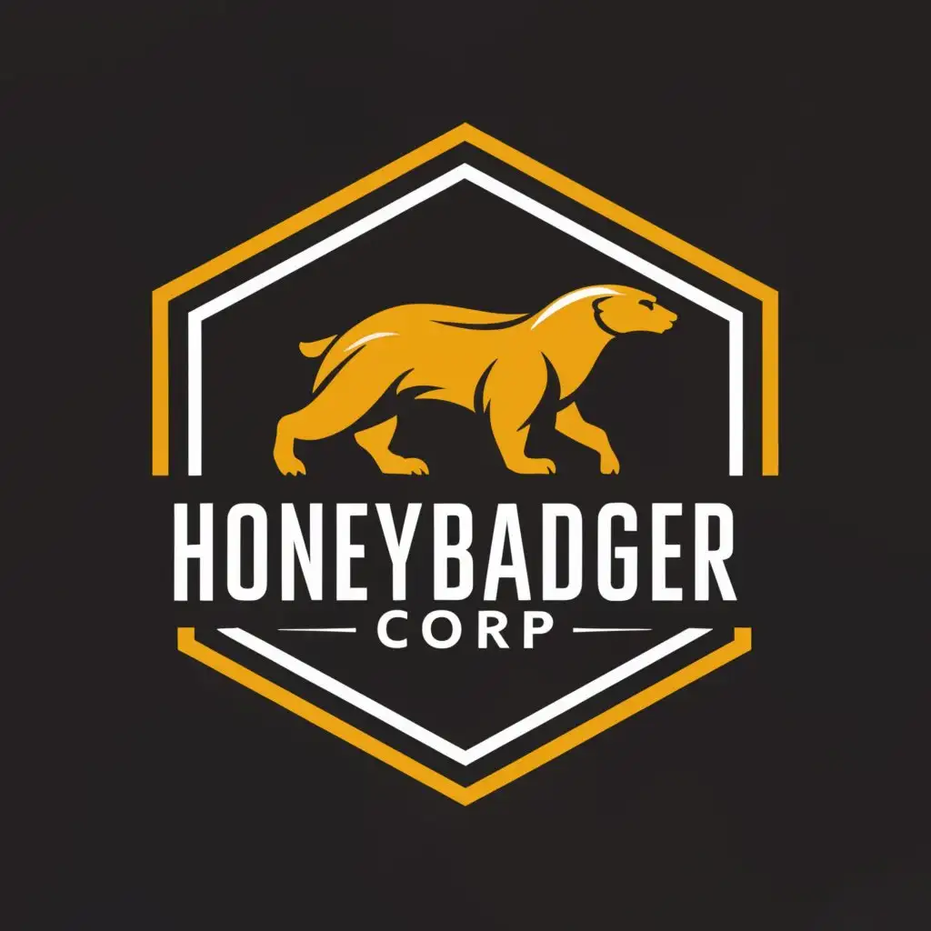 a logo design,with the text "HoneBadgerCorp", main symbol:Honeybadger, Hegagon,Minimalistic,clear background
