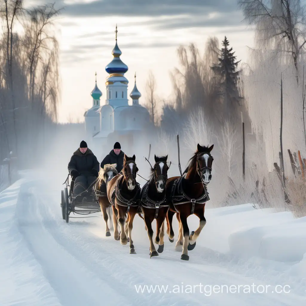 Тройка коней бегущая по зимней дорогей, запряжённая в упряжку на фоне русской зимней деревни