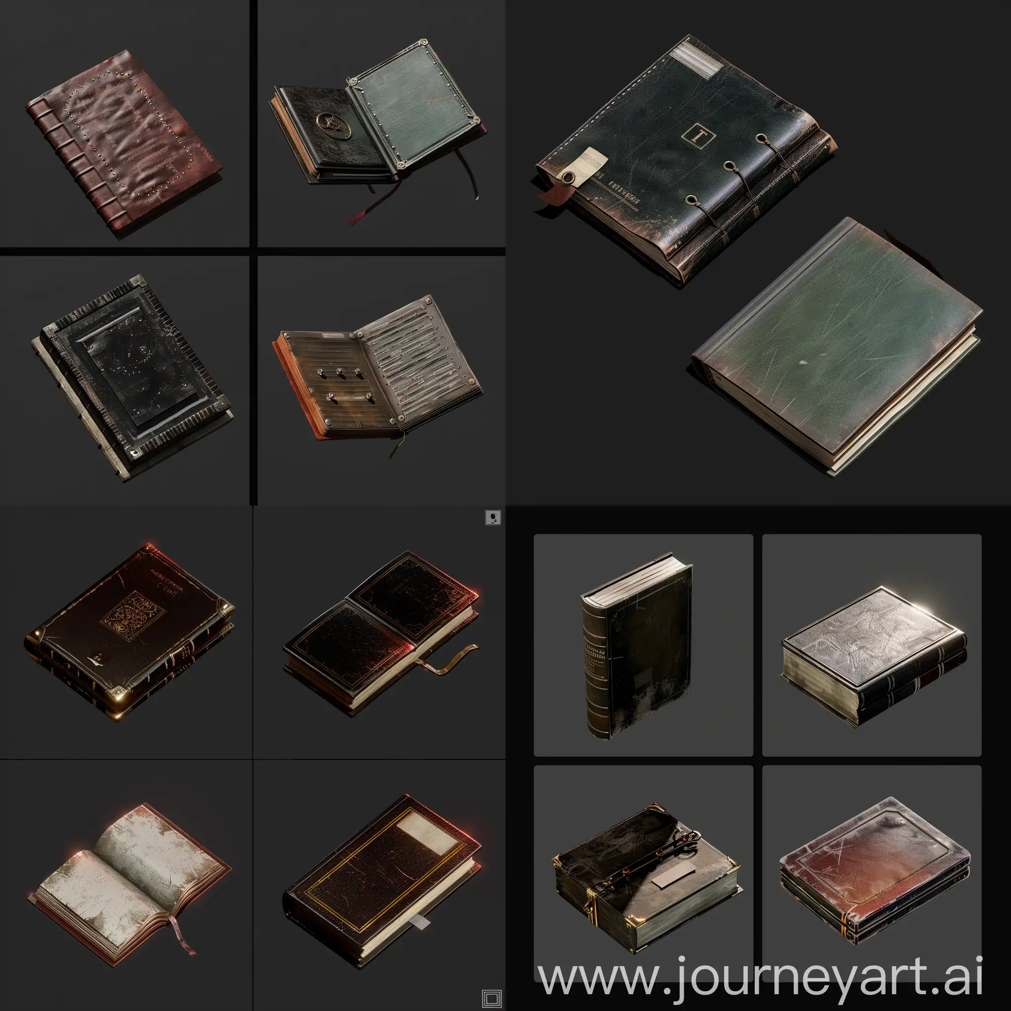 https://i.imgur.com/Do8RrB5.png realistic photo of isometric set old simple worn book without labels in style of unreal engine 5 realistic 3d game asset, shiny, lighting, leather cover, isometric set --chaos 30 --iw 2