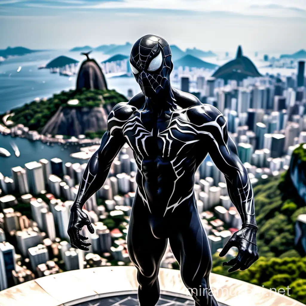 Tom Holland como Venom musculoso em cima do Cristo Redentor no brasil ,arte de qualidade , simbionte 8k, pose de herói