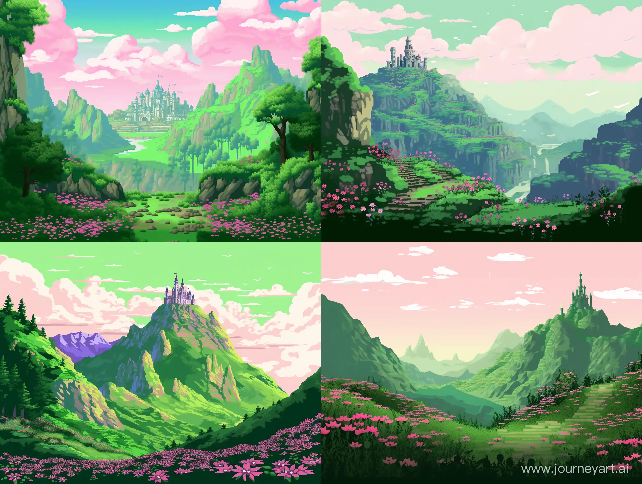 The image shows a landscape made in pixel graphics, reminiscent of the style of old video games. Green hills covered with grass and small pink-toned flowers make up the foreground. In the center in the background stands a massive mountain or high hill, the top of which is clothed in green vegetation, which gives it an appearance reminiscent of the silhouette of a castle or an ancient fortress. Above it all, the sky stretches with vast, fluffy clouds taking up most of the upper half of the frame. The style of the image creates the impression of a calm and pleasant fantasy area.