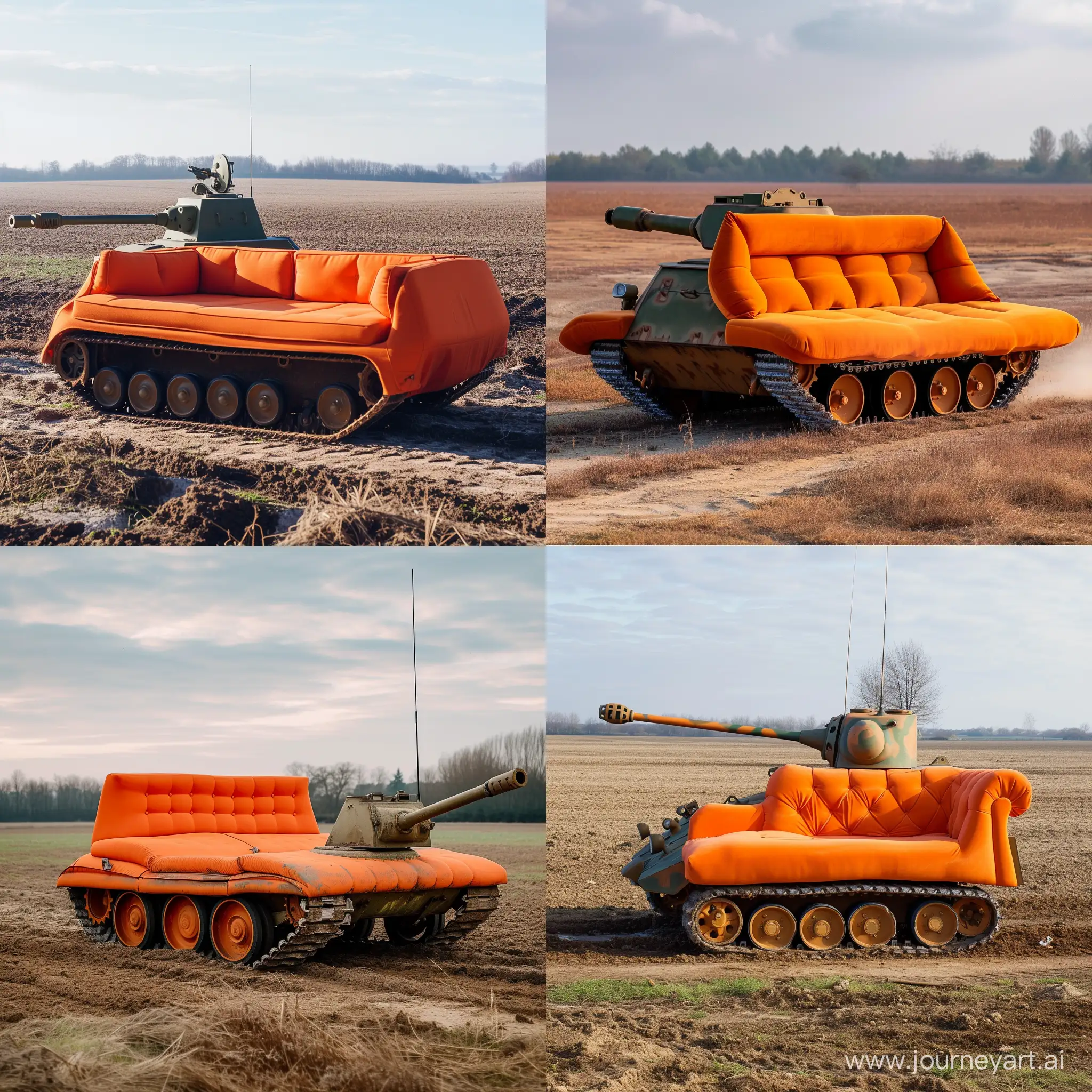 Оранжевый диван с башней от танка ездит по полю