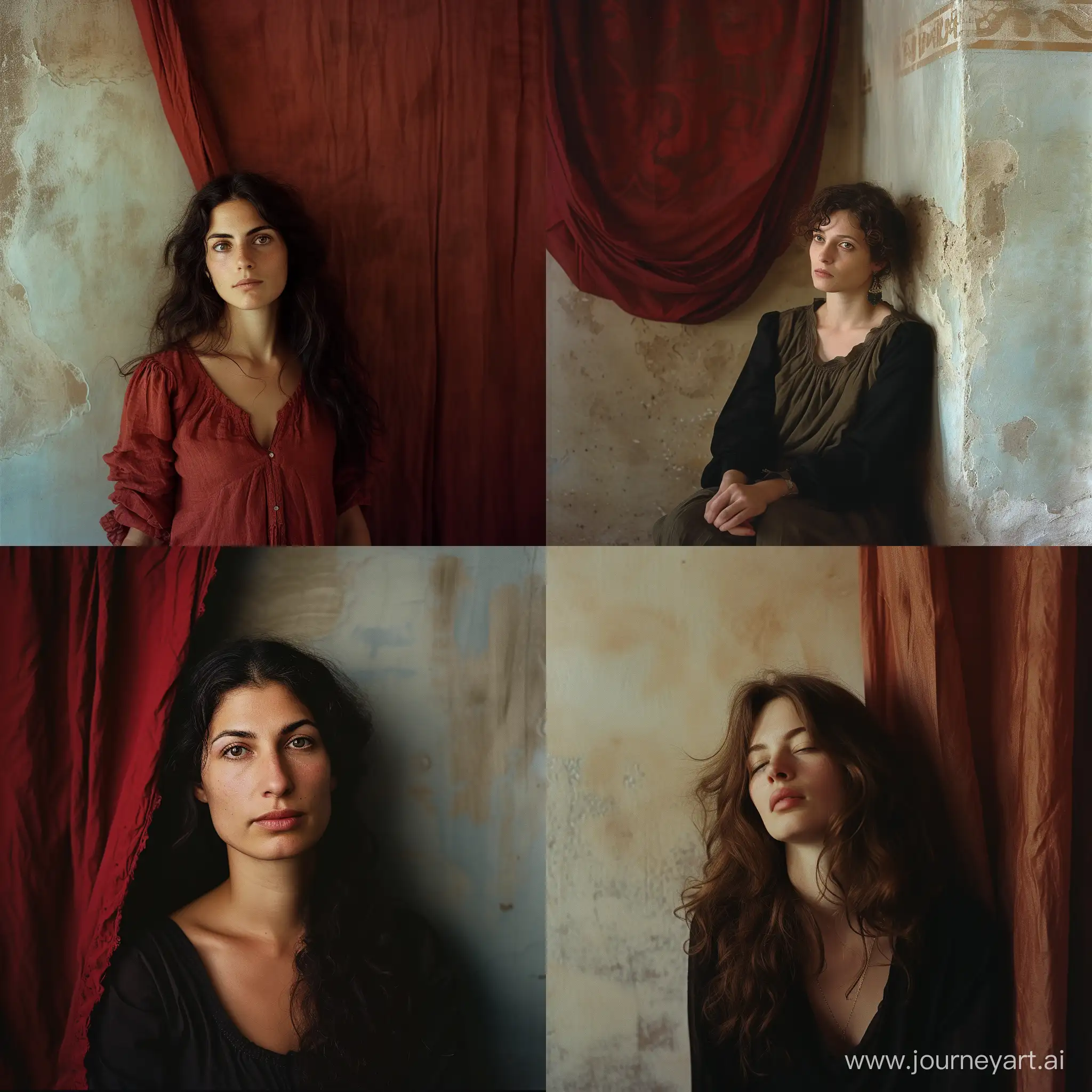 photographic portrait of a 40 years old, Italian woman, peaceful and relaxed expression, vivid  eye contact, wavy hair, leaning against an earth-colored wall with a red drape hanging from the ceiling, Shot with Kodak Portra 160::2, byNadav Kander::2