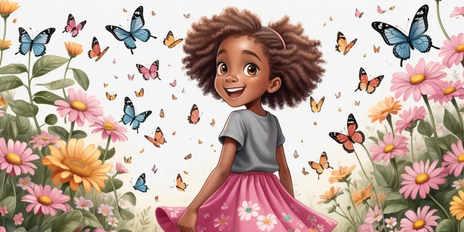 children's muted art illustration, full figure 8 year old african brown girl character, standing in a beautiful flower garden with many butterflies surrounding her, excited expression, wearing a pink skirt, a grey shirt, black takes, full colour, side view, back view, front view, no outline
