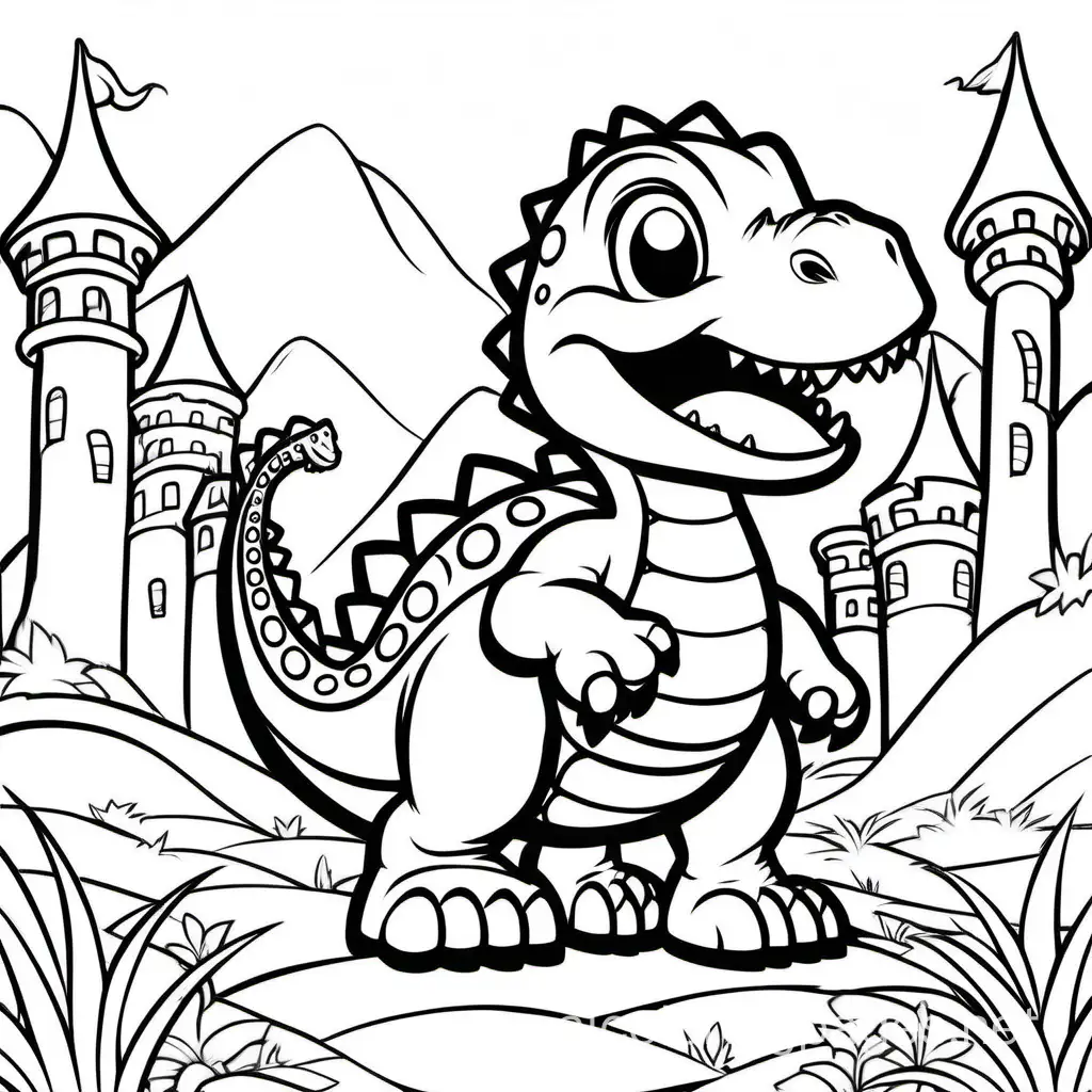 baby dinosaur, simple, no color, thin line only, castle background, no shading, smoke out of mouth,, Coloring Page, black and white, line art, white background, Simplicity, Ample White Space. The background of the coloring page is plain white to make it easy for young children to color within the lines. The outlines of all the subjects are easy to distinguish, making it simple for kids to color without too much difficulty