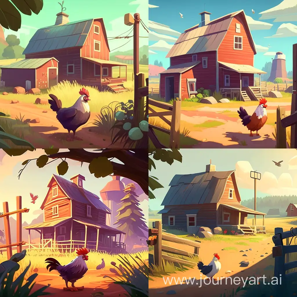 Quaint-Farm-Scene-with-Playful-Chicken-in-Pixar-Style
