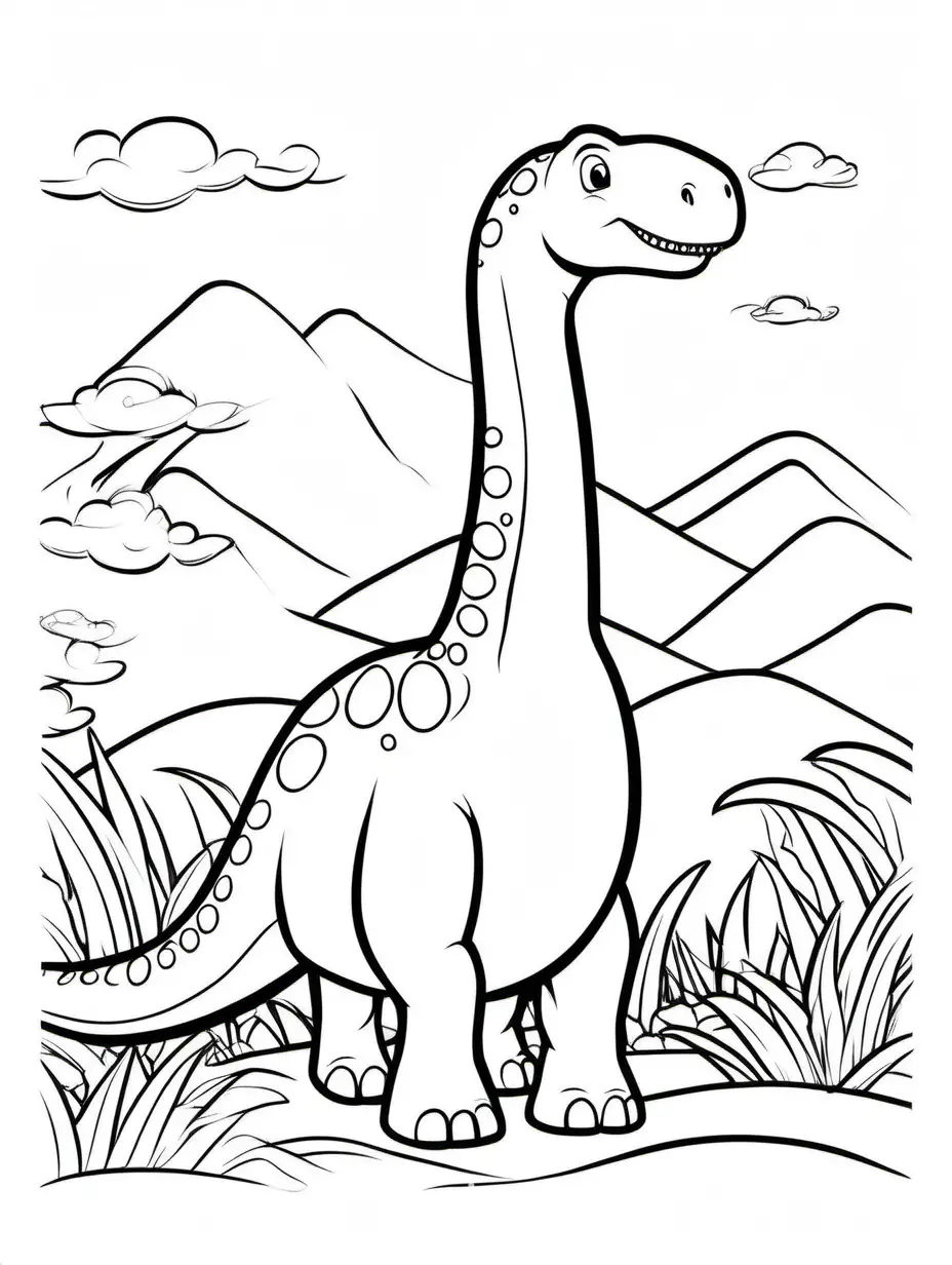Baby Brachiosaurus dinosaur, Coloring Page, black and white, line art, white background, Simplicity, Ample White Space. The background of the coloring page is plain white to make it easy for young children to color within the lines. The outlines of all the subjects are easy to distinguish, making it simple for kids to color without too much difficulty, Coloring Page, black and white, line art, white background, Simplicity, Ample White Space. The background of the coloring page is plain white to make it easy for young children to color within the lines. The outlines of all the subjects are easy to distinguish, making it simple for kids to color without too much difficulty