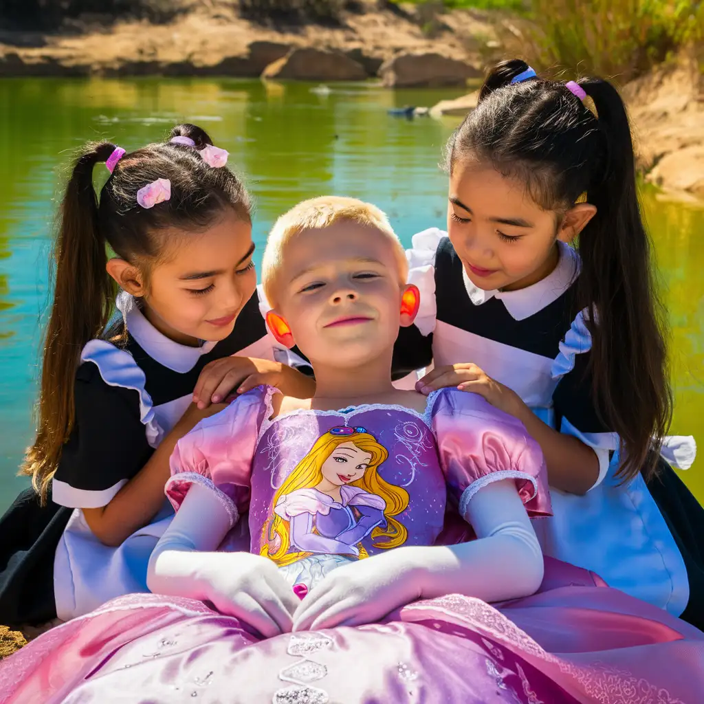 ((Gender role-reversal)), professional photography, Photograph, a little 7-year-old Polish boy with short blonde smart hair, he is resting in a Sleeping Beauty Disney Princess dress on the bank of a Sahara pond, bright sunshine, two little 5-year-old Mexican girls with long hair in ponytails wearing maid dresses are looking after the boy, adorable, perfect faces, perfect faces, clear faces, perfect eyes, perfect noses, smooth skin