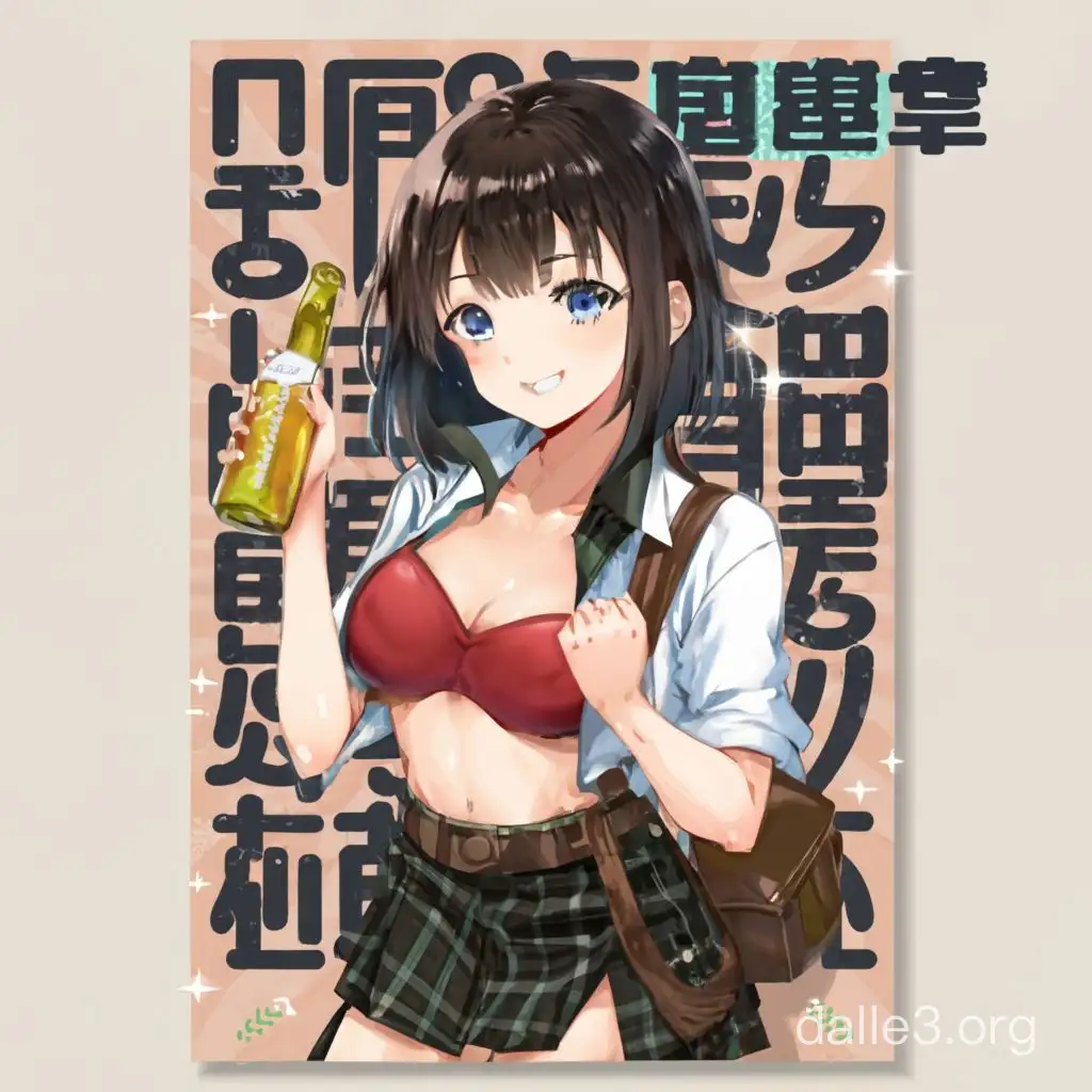 счастливая аниме девочка с бутылкой пива в руке с различными японскими надписями на фоне в стиле постера