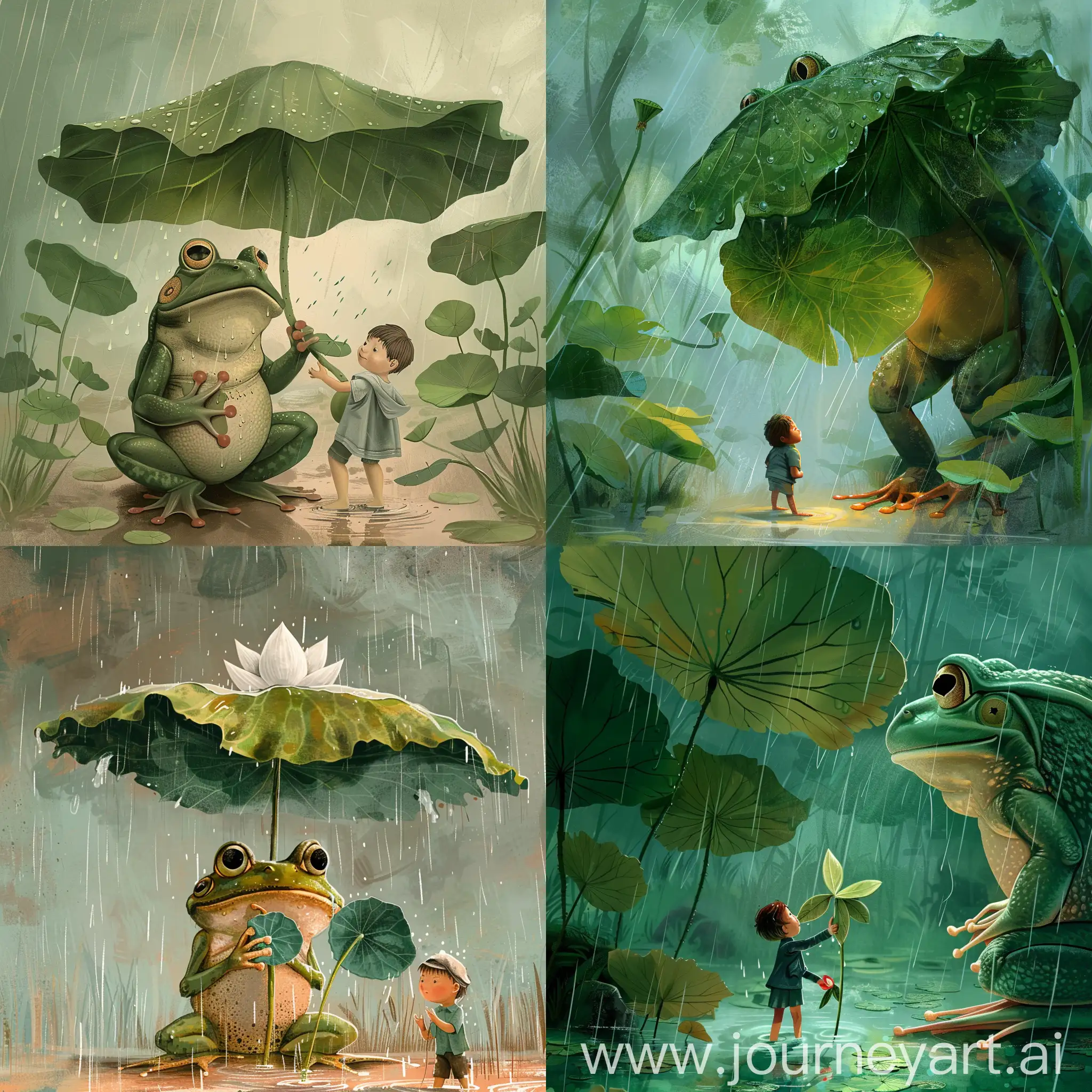 一只大青蛙用藕叶给小男孩挡雨，治愈插画风格