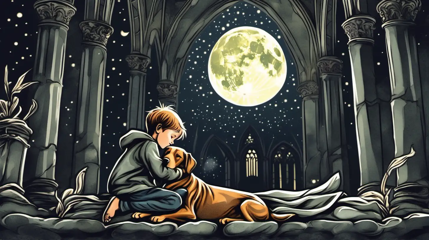 Enchanting Night Boy Child and Dog Embracing in Cathedrals Moonlight