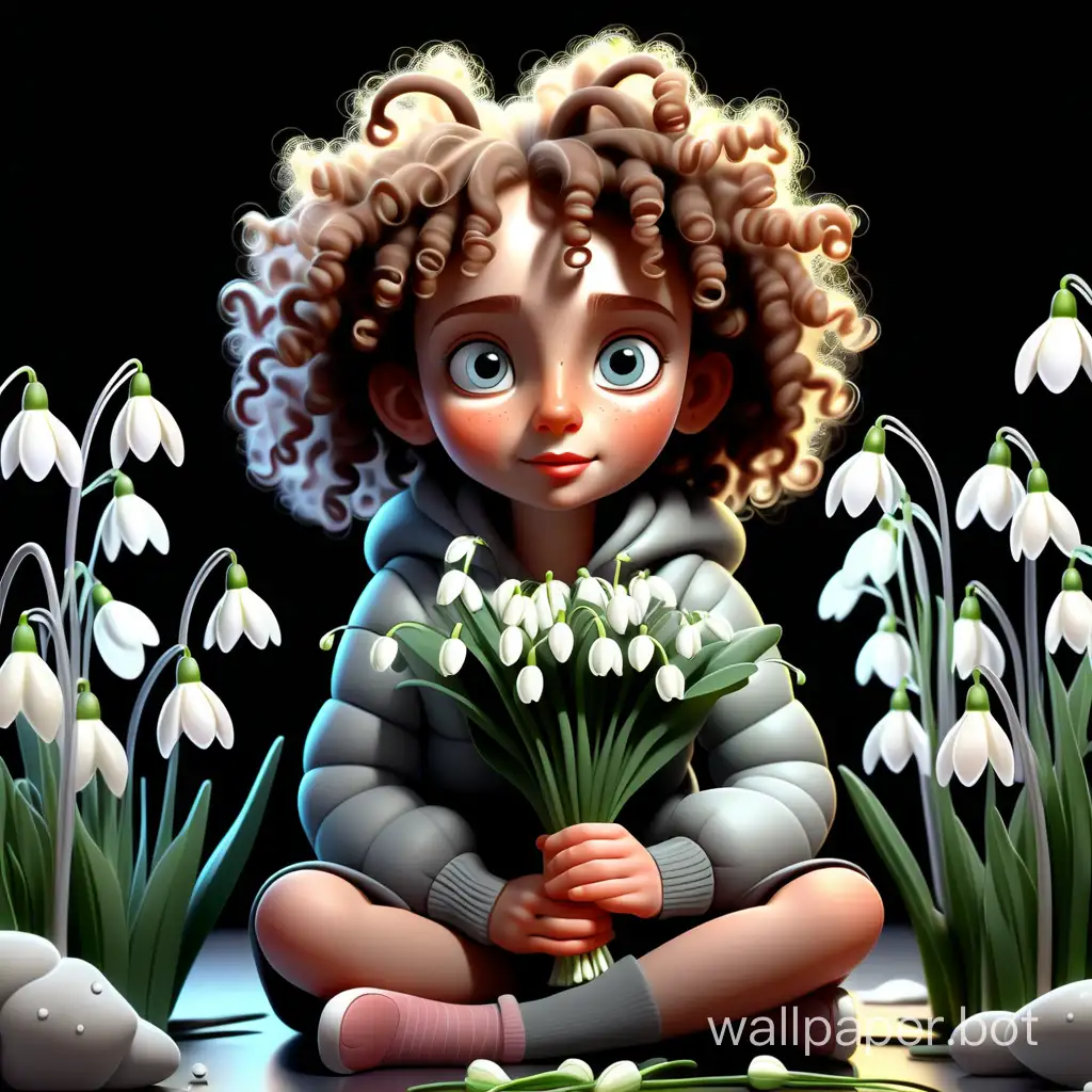 Children's world. Plot illustration. With snowdrops. Realistic aesthetically pleasing animated character - Cute playful curly-haired 8-year-old girl sits on the floor with a bouquet. Detailed reflecting eyes, clothing is detailed. Everything is anatomically and geometrically proportional. Clarity. Soft colors, multicolored lights, hyper-detailing, black background.