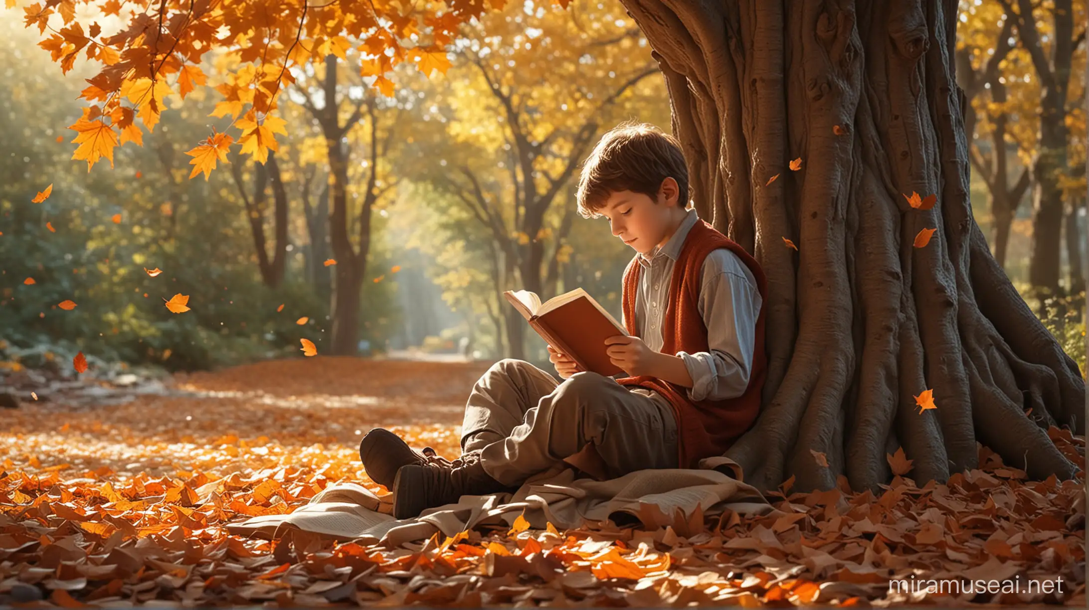 Create a captivating scene of a young boy engrossed in a book, lost in the world of imagination and learning. Imagine the boy sitting comfortably in a cozy spot, perhaps under a tree in a park or by a window with soft sunlight streaming in. His expression should reflect deep concentration and fascination with the story unfolding before him. Detail the book in his hands, depicting its title or cover illustration to add depth to the narrative. Surround him with subtle hints of his environment, such as scattered fallen leaves or a mug of hot cocoa nearby, to enhance the sense of tranquility and immersion in the moment. Capture the essence of the joy and wonder that comes from being immersed in a good book.