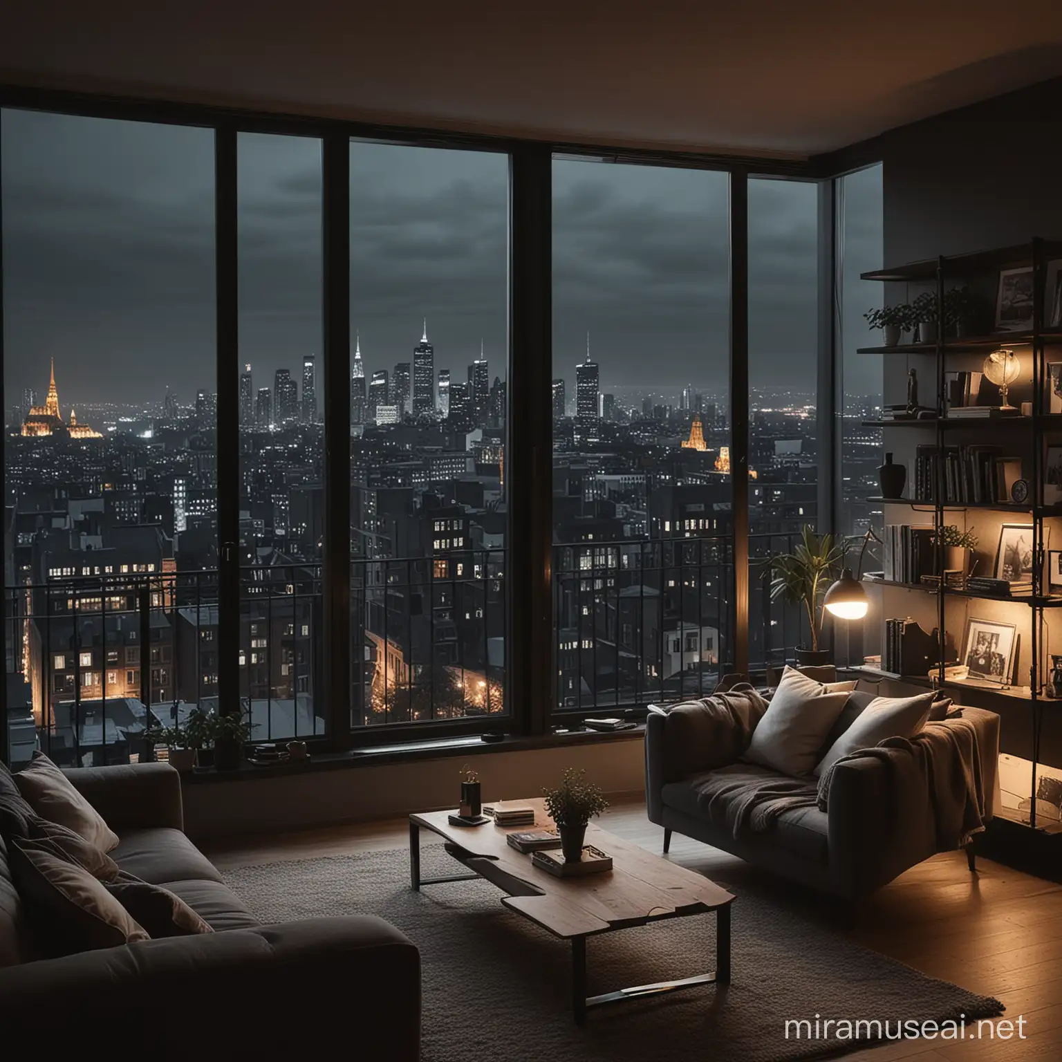 Cozy Apartment with Stunning View of Dark Cityscape