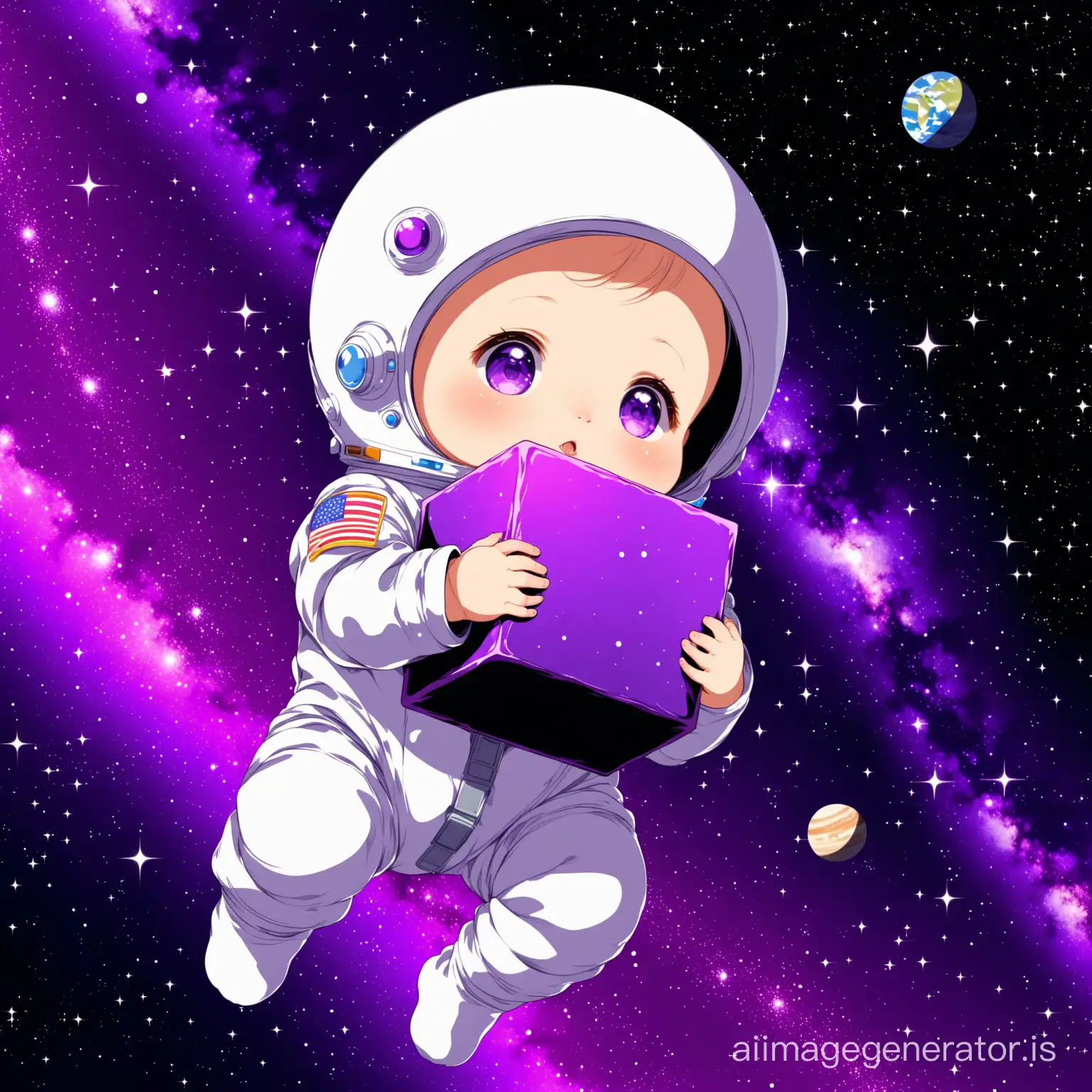 A baby holding a purple block in his arms. This child is in space
