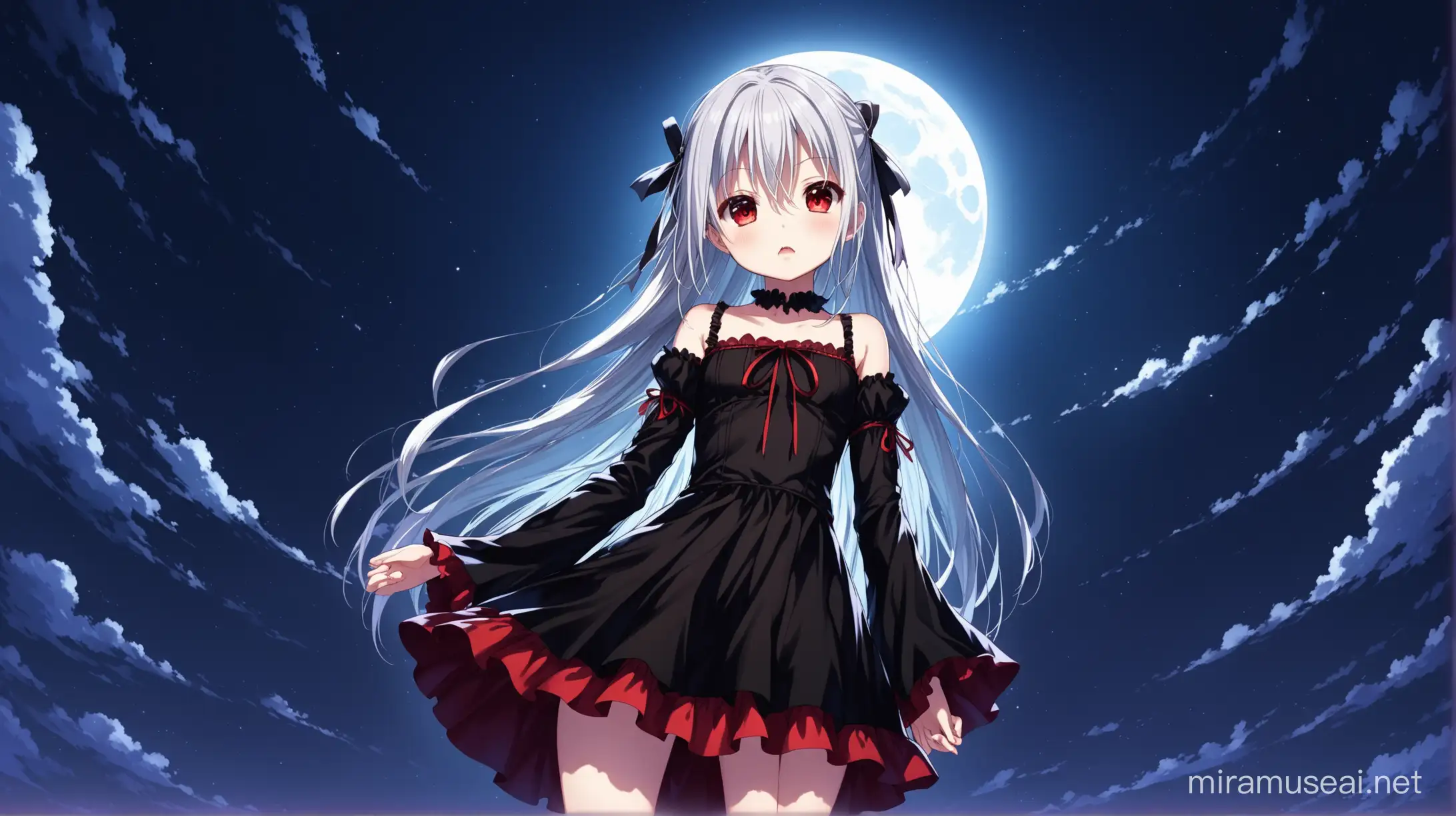 Aesthetic ((1girl)), ((Yami Eve Golden Darkness/To Love-Ru/)), a young and cute vampire girl, long silver hair and vampire fangs and red eyes, standing, ((loli)), petite body)), low angle, from below, night, Dutch angle, full moon, ((high detail)), ((best quality)), detailed eyes, wearing a black outfit with detached sleeves, wide irises, ((stoic and cold expression)), ((unsmiling)), standing, full body, moonlight, two side up hairstyle, ((looking at viewer)), ((closed mouth))