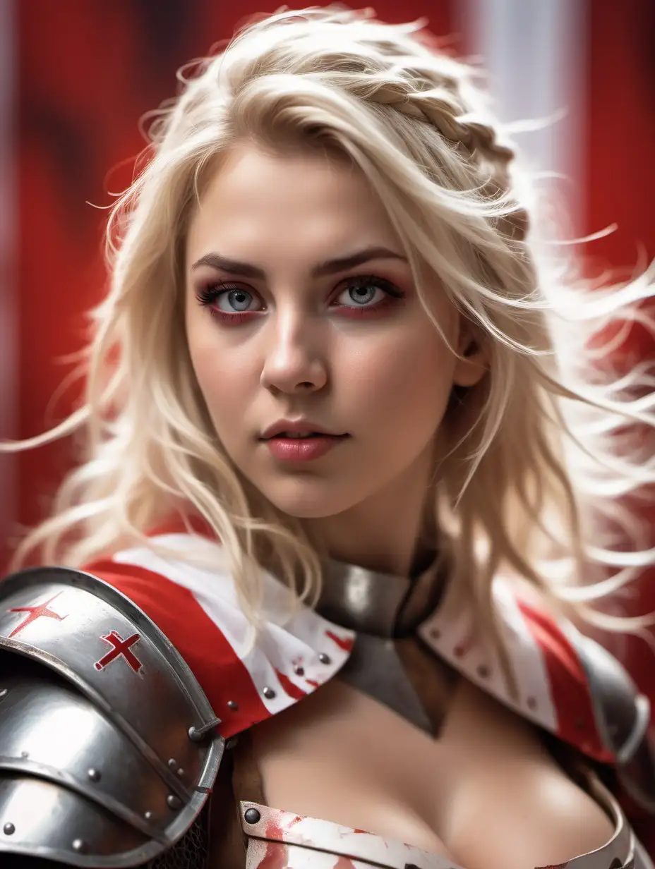 Beautiful Nordic woman, very attractive face, detailed eyes, big breasts, slim body, messy blonde hair, wearing a Knights Templar cosplay outfit , close up, bokeh background, soft light on face, rim lighting, facing away from camera, looking back over her shoulder, standing in front of a red and white abstract painted background, Illustration, very high detail, extra wide photo, full body photo, aerial photo
