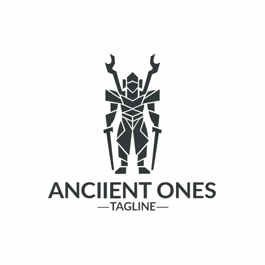a logo design,with the text "The Ancient Ones", main symbol:robot warrior, greek ruins,Minimalistic,clear background