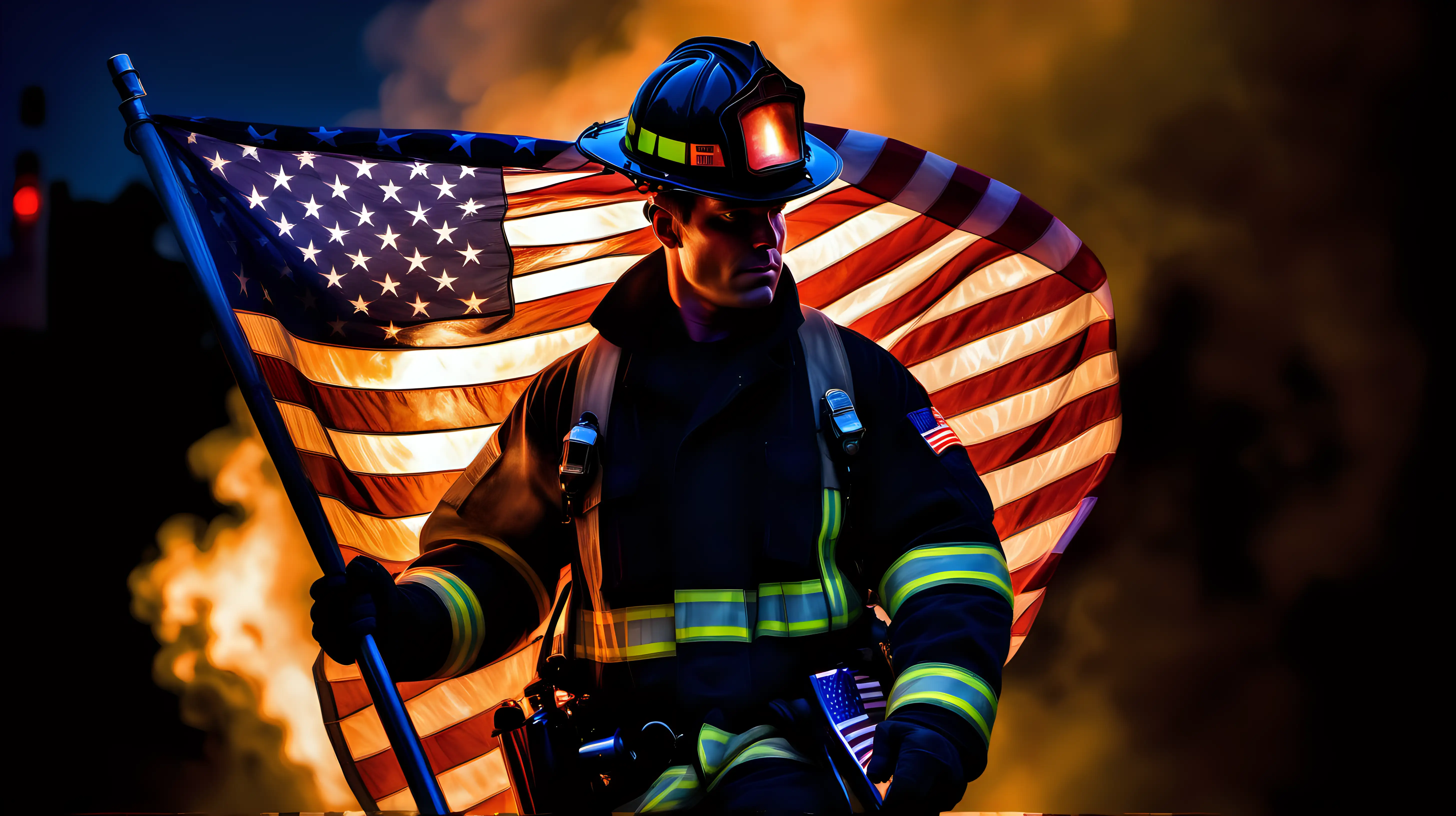 Dedicated Firefighter Holding Glowing American Flag