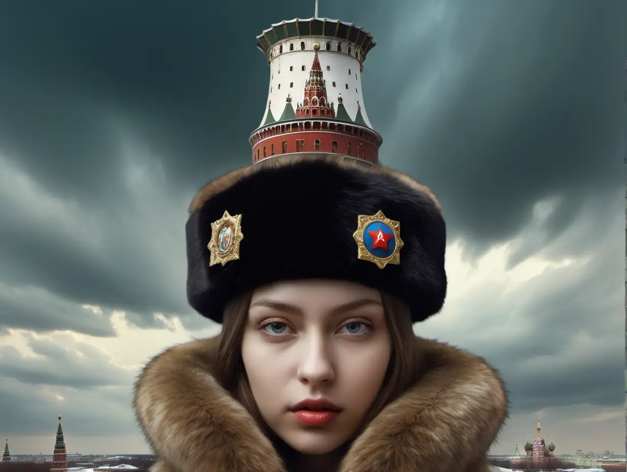 шапка  ушанка в 
 в виде башни с     на верху шапки  россия,   сюрреализм , на голове русской девушки.  wimmelbilderbuch —ar 3:2 —v 5.2