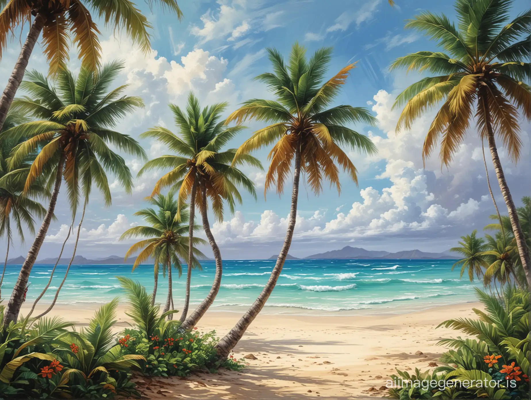 Vibrant-Tropical-Coconut-Trees-Painting-with-Sunset-Sky