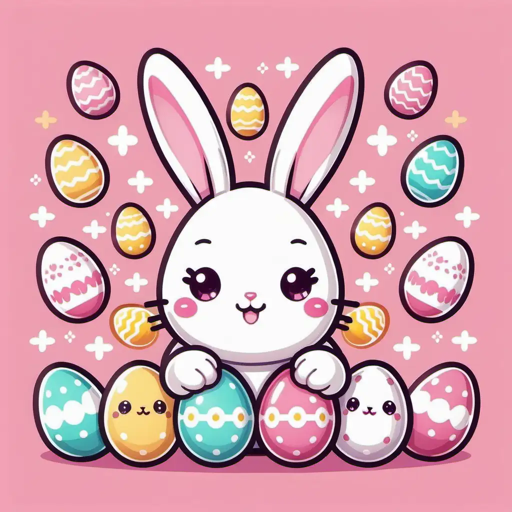 Adorable Easter Bunny Surrounded by Colorful Eggs in Kawaii Style