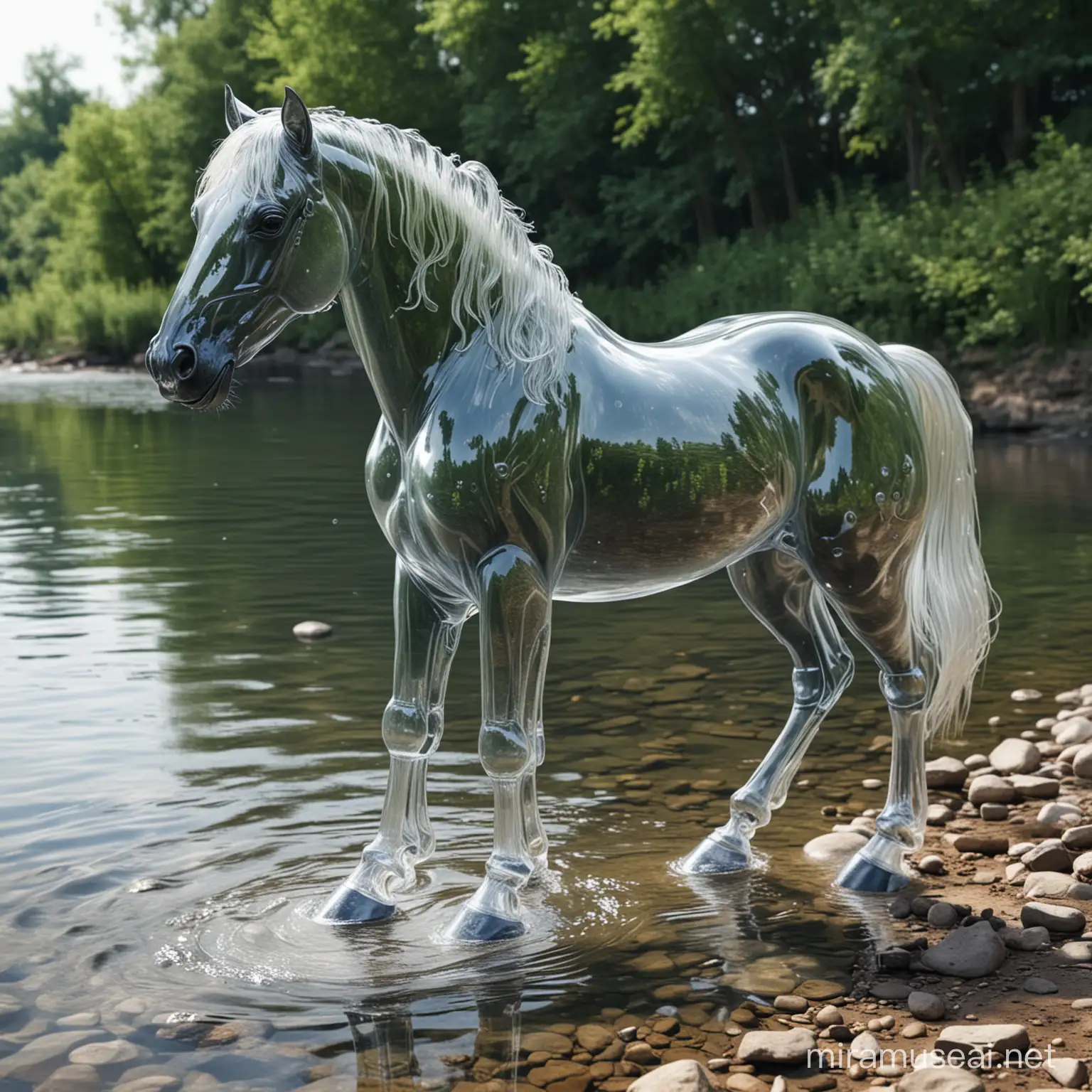 Plastic realistic transparent horse by the river.