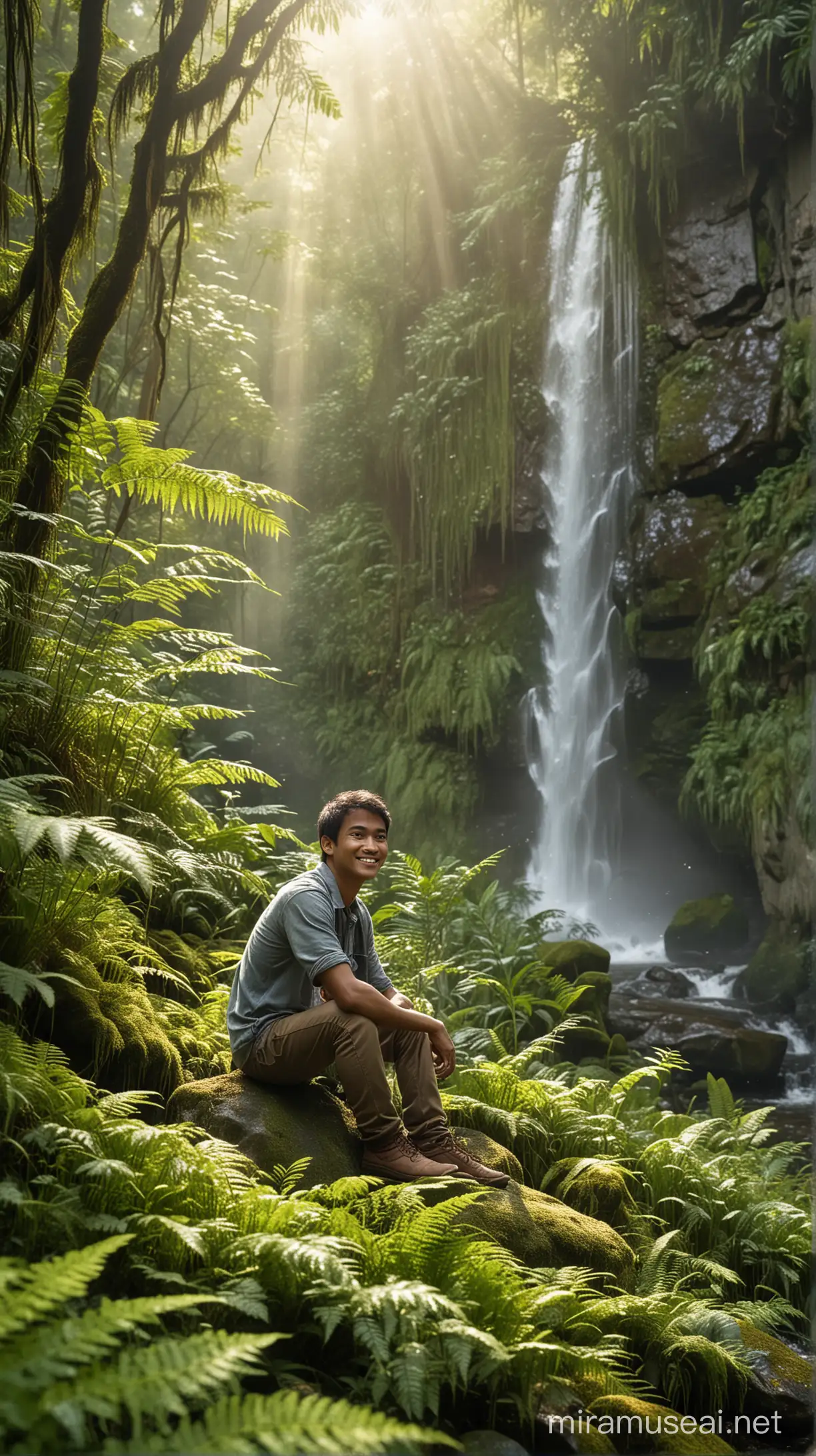 Young Indonesian man sitting on a rock, facing the front camera with a smile in the middle of a forest filled with sunlight, sunlight penetrating between the leaves. Delicate dewdrops cling to ferns and wildflowers. In the background, a mystical waterfall cascades down moss-covered rocks, and mist rises into the air. High resolution, high realism.