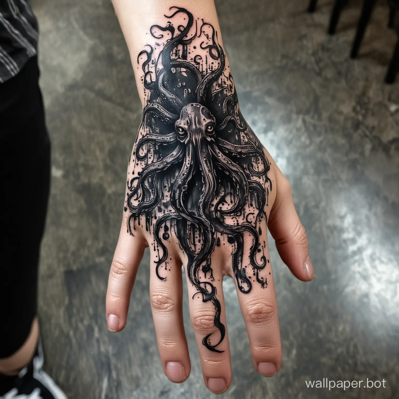 Horror Hand tattoo, masterpiece,  assimetric dark black cloud, blackwork, dripping black tentacles, circular pattern waves, chaos. 