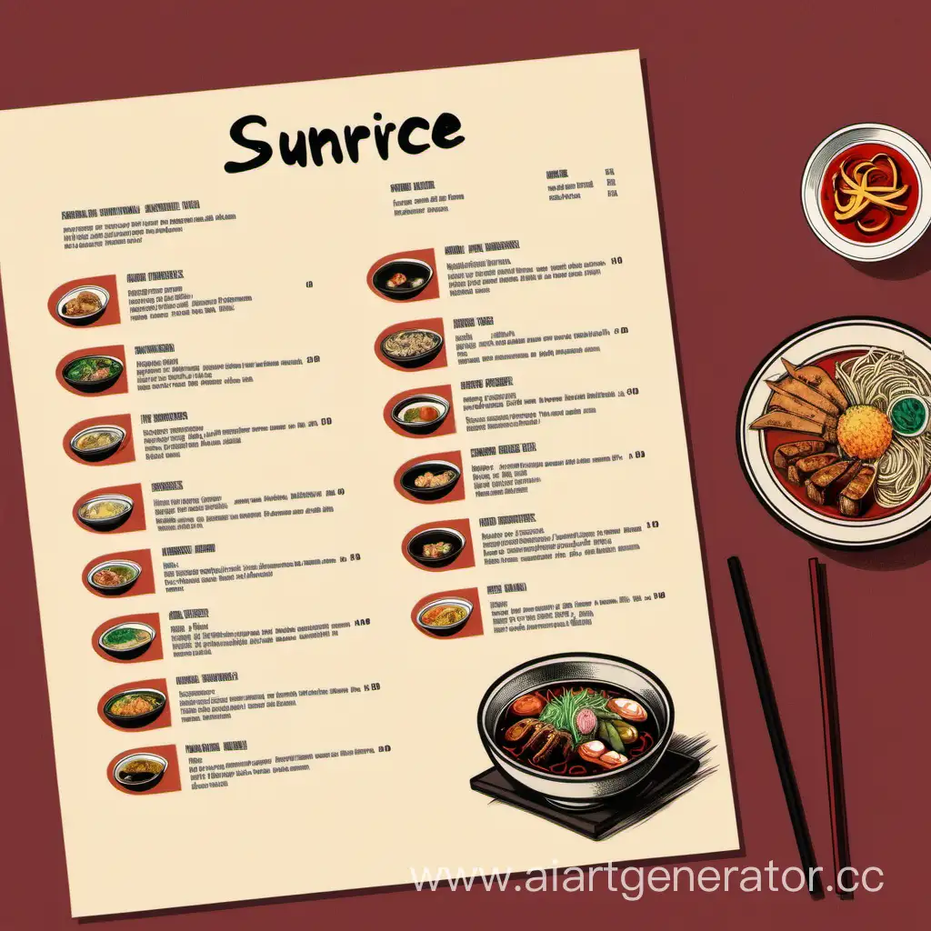 Нарисуй меню для азиатского ресторана SunRice на английском языке где будут 15 азиатских блюд