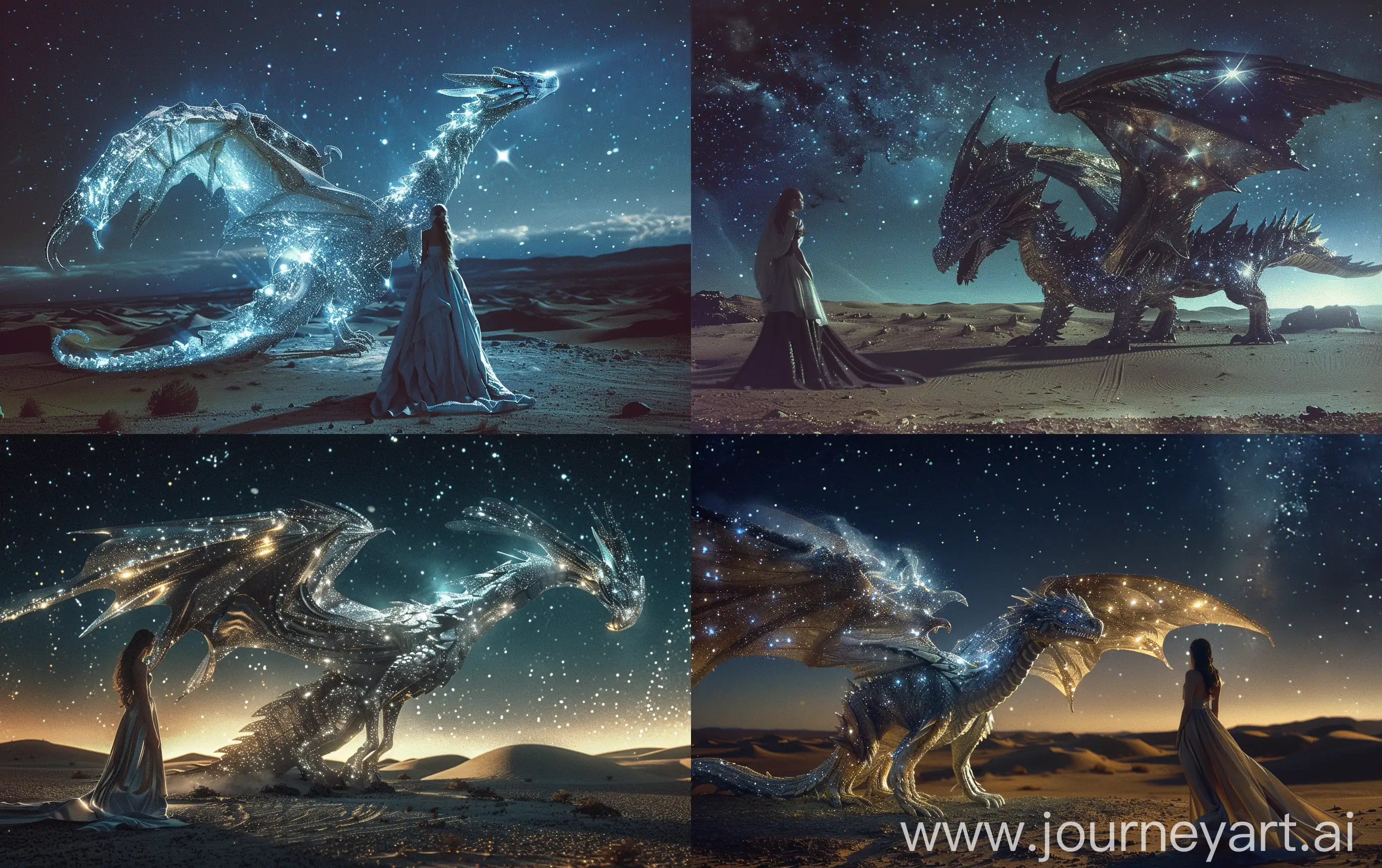 The big winged space dragon stands on ground, body is made of shining galaxies and stars, beautiful female in long dress looks at the dragon, the night dark desert with small hills, in the sky is deep space with bright nebulas, realistic, Kodak 35mm shot --ar 16:10