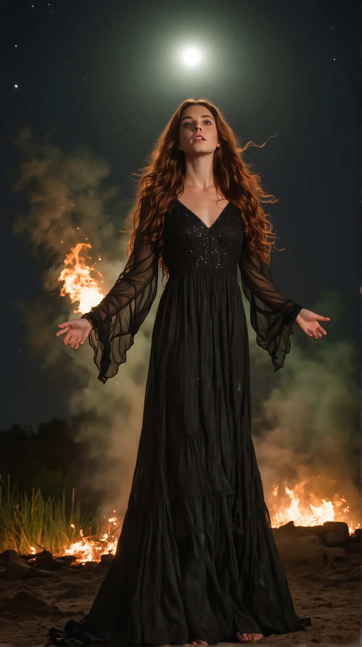 18-year-old Julie Roberts. She has long, wavy, dark-auburn hair, and intense green eyes. She is standing in flames wearing a black flowy dress under the moonlight. Her palms are outstretched and she is looking up at the sky