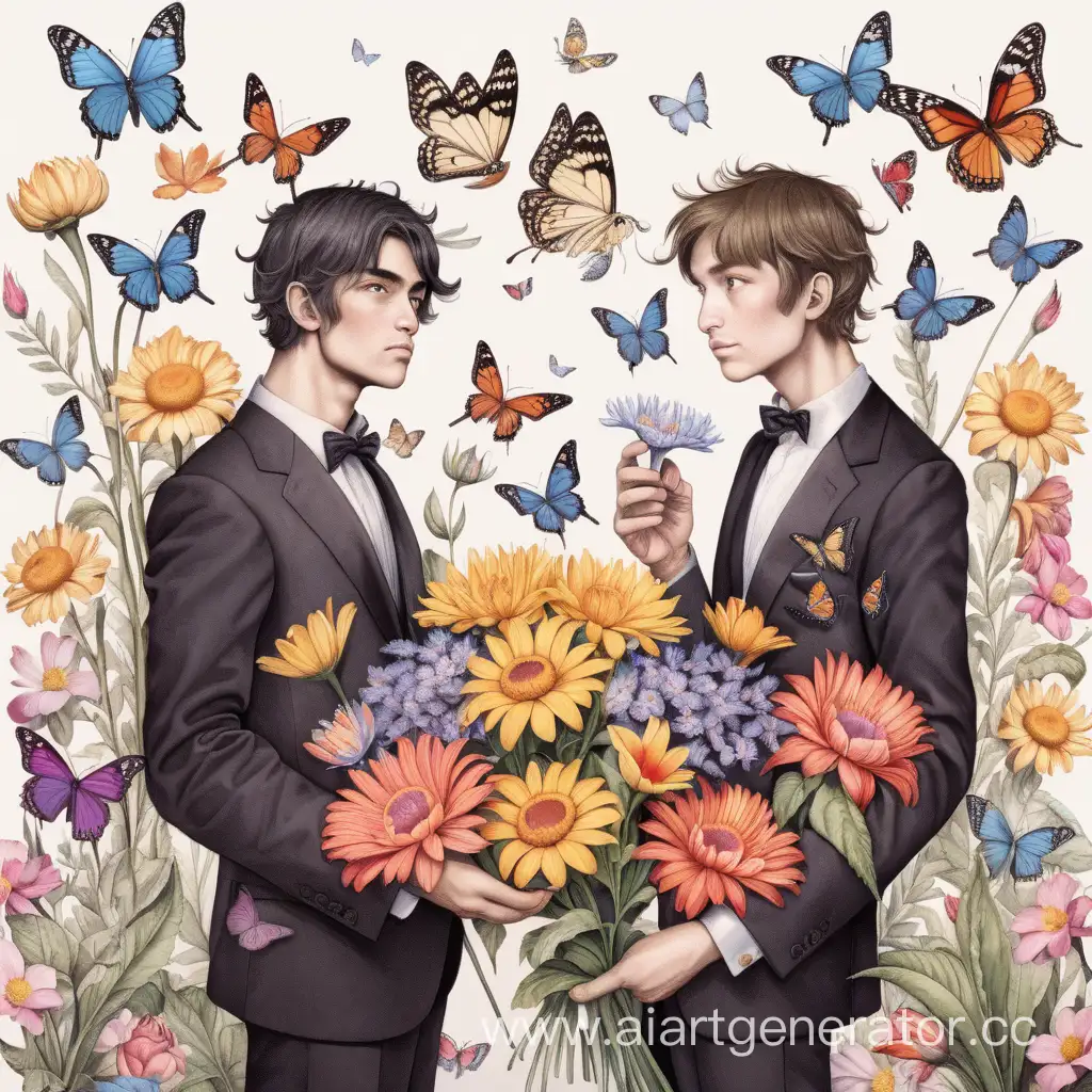 два парня с цветами, вокруг бабочки