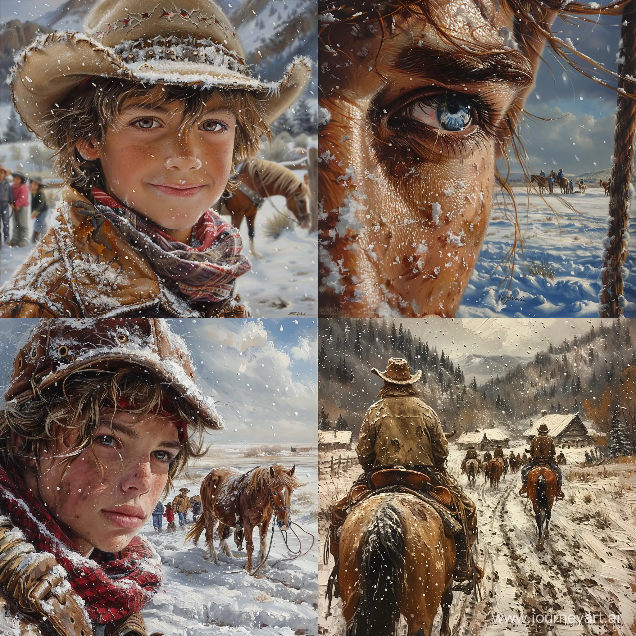   realistic painting close up cow boy familly landscape snow in western countries people horse  focushighly detailed --style raw --stylize 750  --v 6