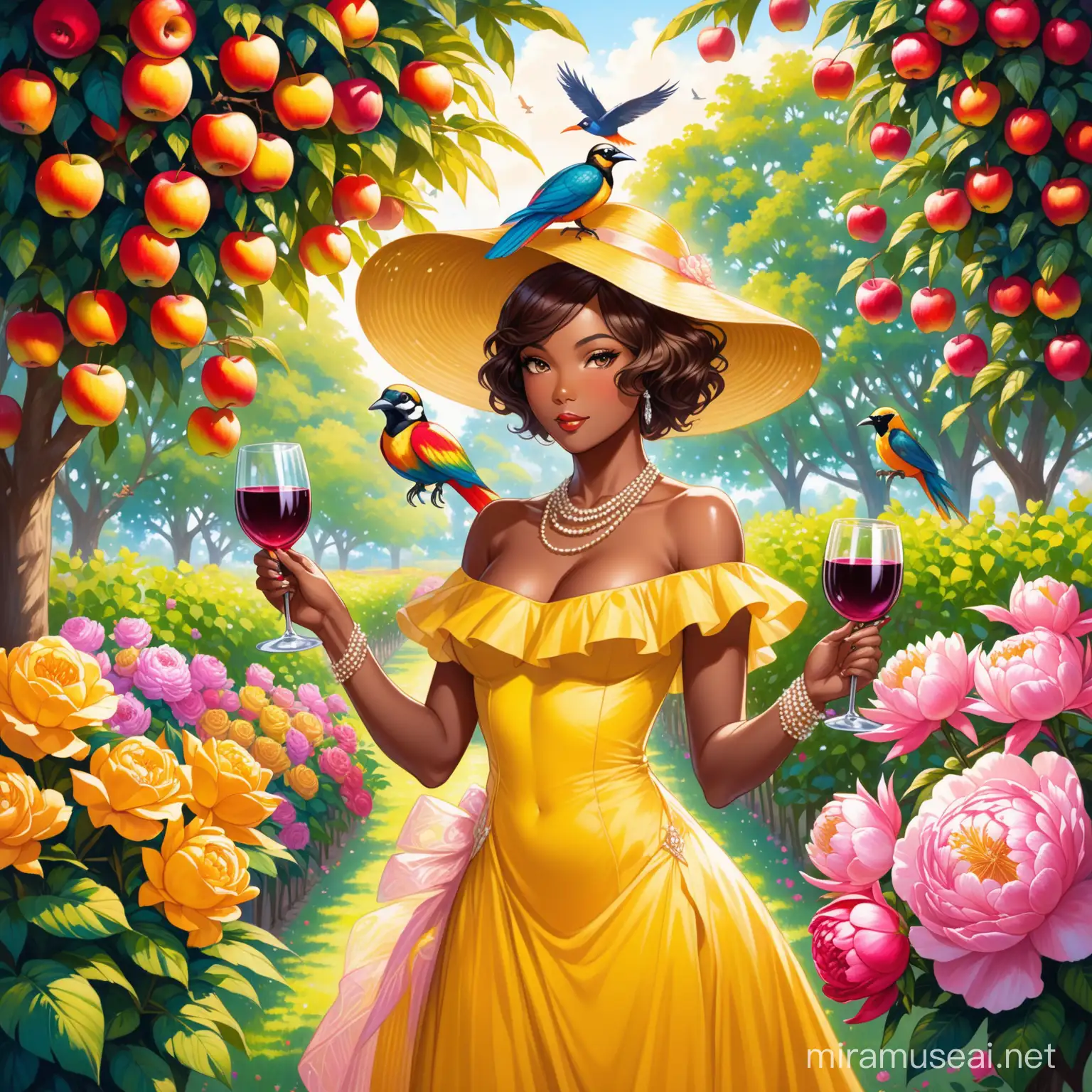 AFRICAN AMERICAN DARK SKIN LADY WEARING A YELLOW GREAT GATSBY DRESS painting A PORTAIT OF BLACK PEOPLE out in the garden filled with APPLE TREES, roses and peonies and bird of paradise and all types of beautiful wine and cheese
