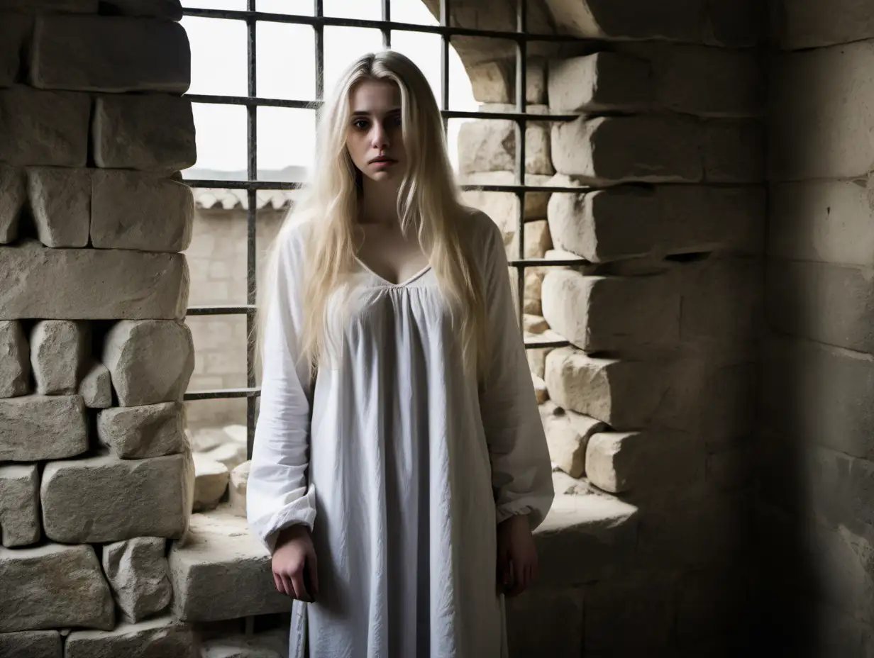 A busty slim woman (20 years old, barefoot) stand in a prisoncell(stone walls, 1500's) in longsleeve white tunic (Blonde long  hair), sad and desperate, look out in a barred window