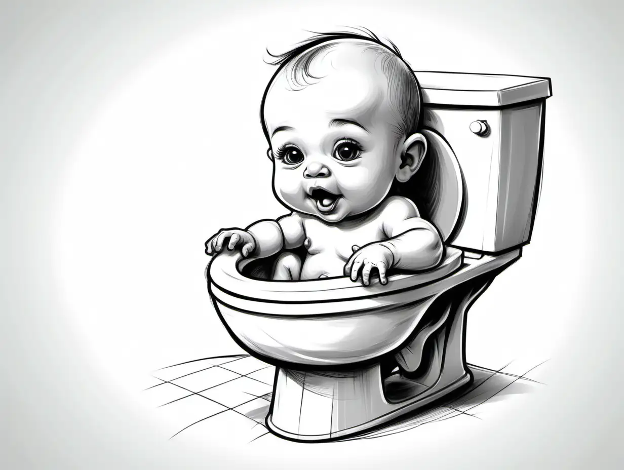Adorable Cartoon Baby on Small Toilet Sketch in Black and White