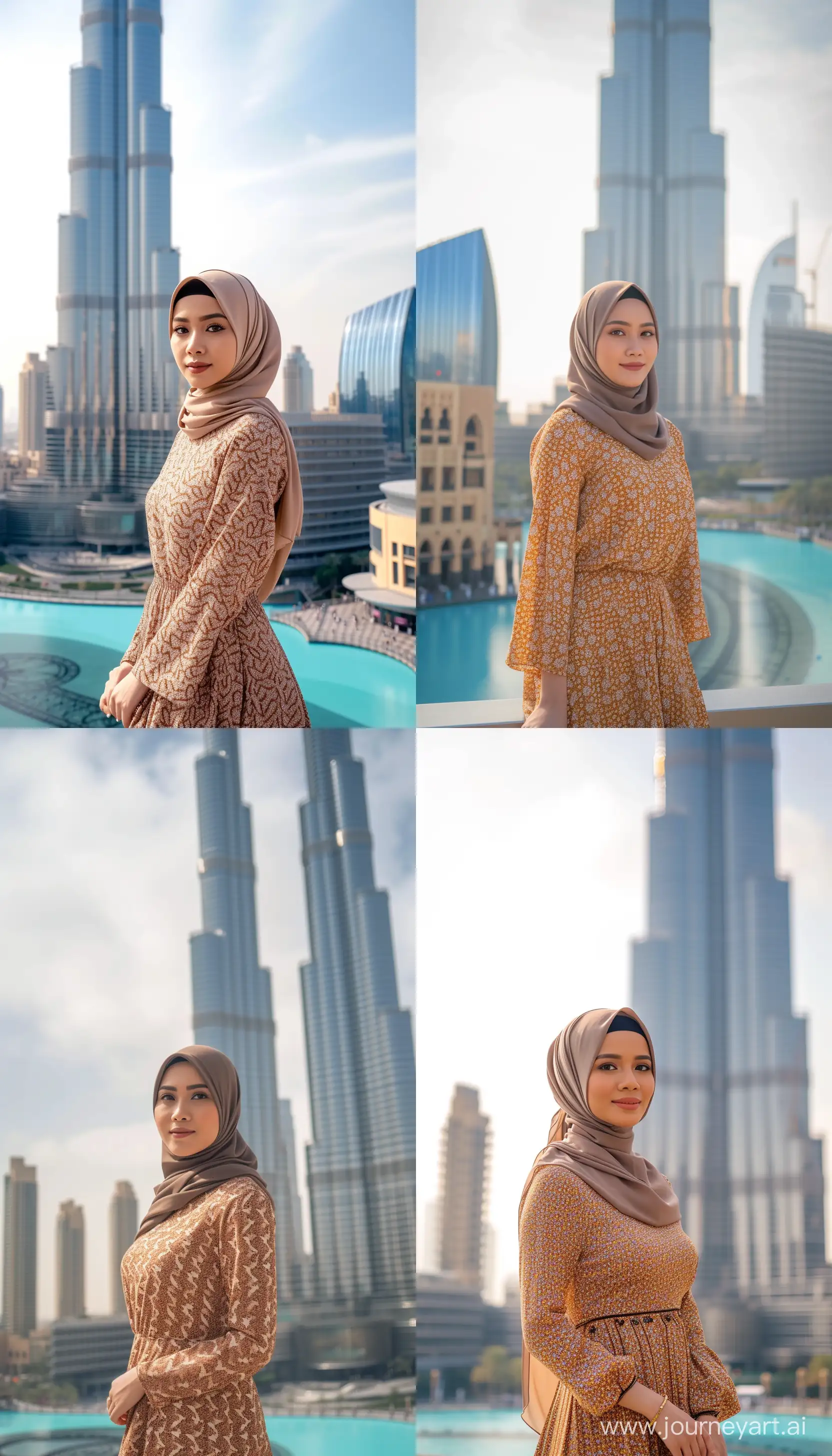 Stunning beautiful young Indonesian woman wearing hijab dress standing against Burj Khalifa, Burj Khalifa background, high quality photography, full shot --ar 4:7 --v 6