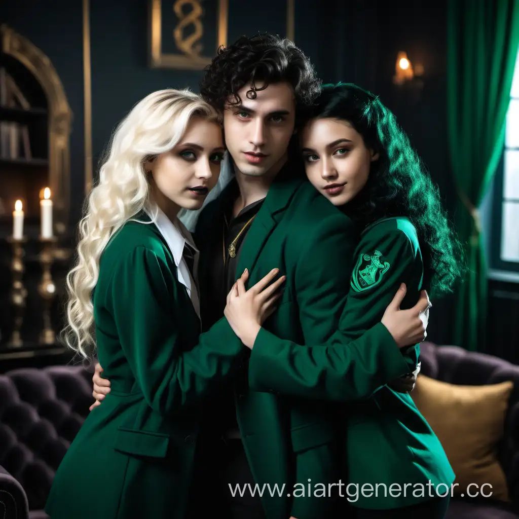 a young handsome attractive hot guy with dark slightly curly hair in the shape of Slytherin hugs two girls young beautiful attractive blonde, the second girl with black hair, Slytherin living room