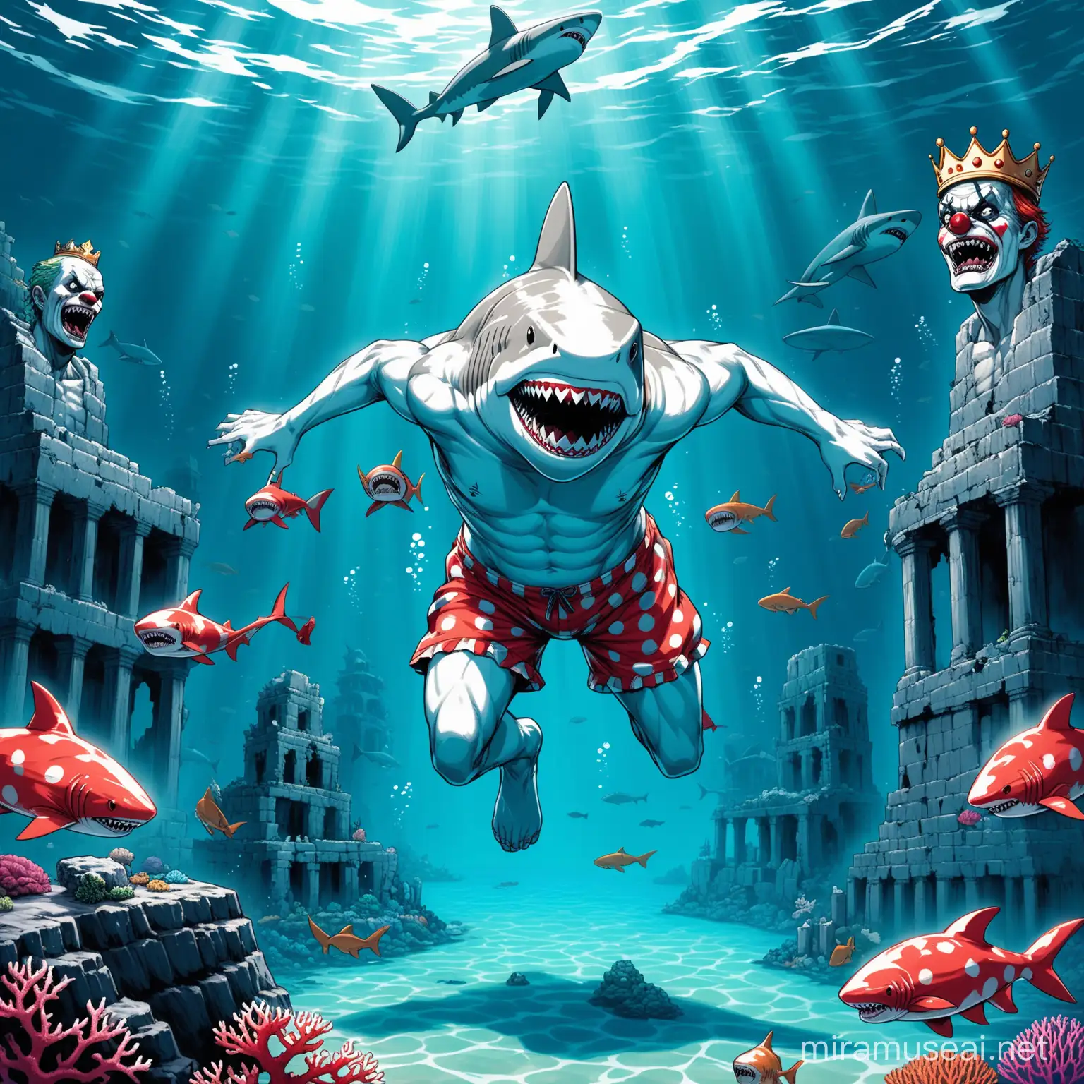 Clown-Shark
appreance- white and silver crown/ full body/ close up //scary/pointed teeth/ humanoid body/ hairless/ swim trunks/albino/ musclar/cool/
background- under water/scared fish/blood/ coral reef/ ocean noir/underwater ruins/statues