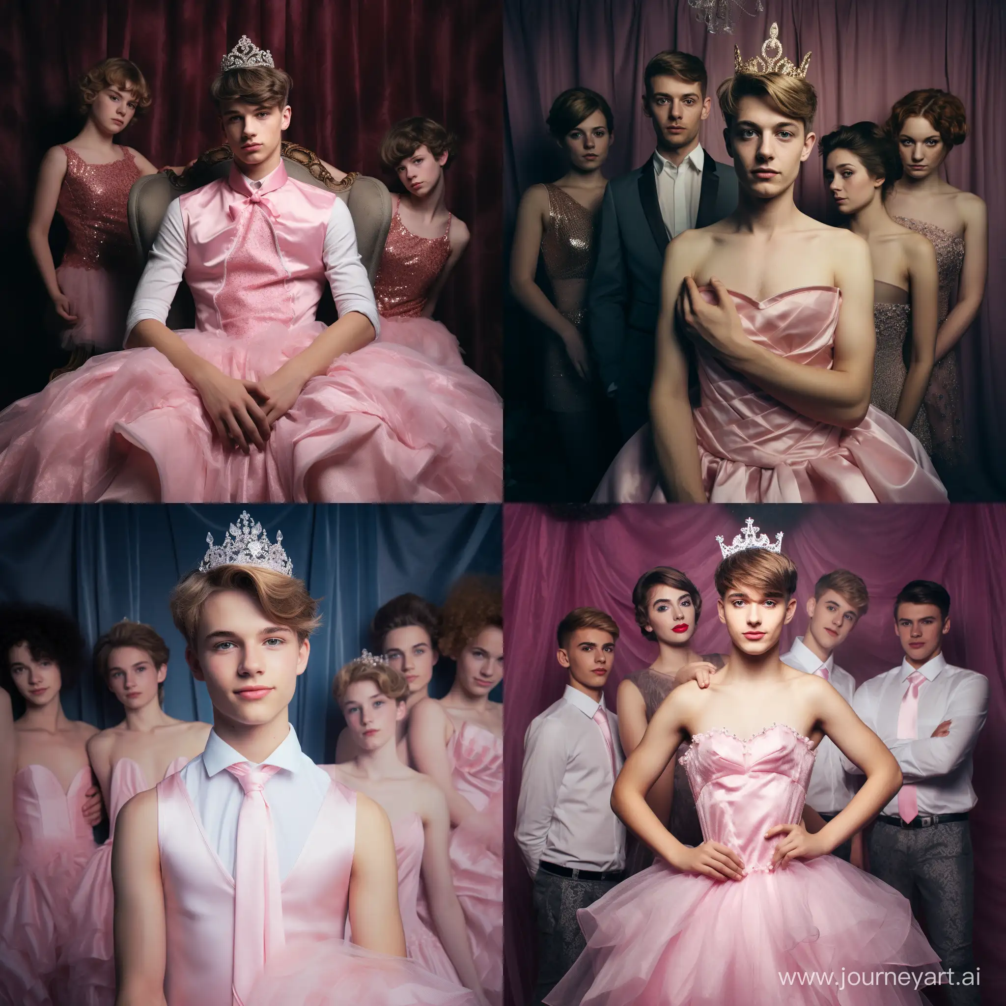 Young male with short hair forced dressed in a princess dress, with makeup. He is in a company of his male friends, who also are trying some women dresses. Young male looks happy,  very cute and girlish. Photoelectric, like a photography. 