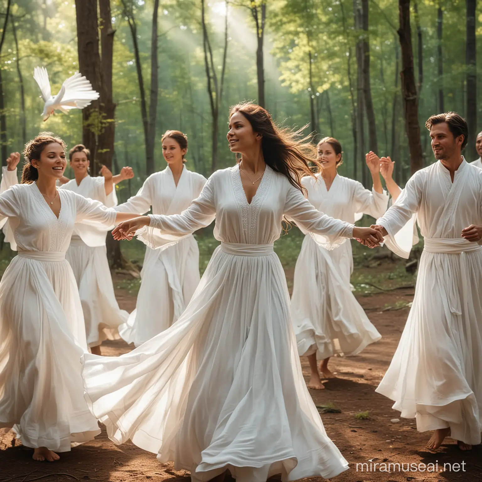 SEMA, WHITE DRESSED, GROUP OF PEOPLE, WHIRLING,  DANCING IN THE FOREST, MAN AND WOMAN FULL DRESSED, RITUAL, SPIRITUAL MEETING, RETREAT, SPIRITUAL LIGHTINING, FOREST BACKROUND, REALISTIC FACE, MAN AND WOMAN FULL DRESSED