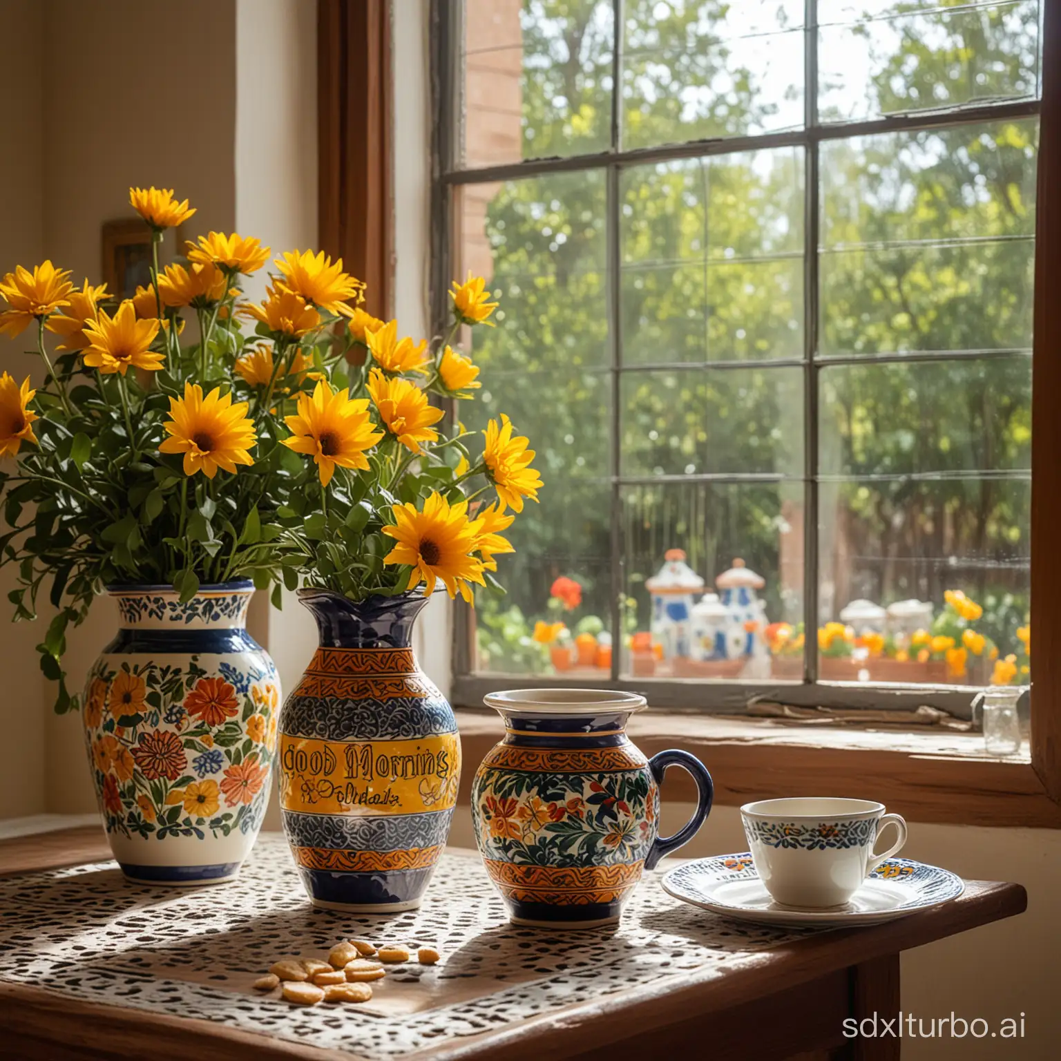 A beautiful talavera vase on a table near a window of a Mexican hacienda, through which the sun's rays enter and a jar of delicious coffee with the text "Good morning Doradas".