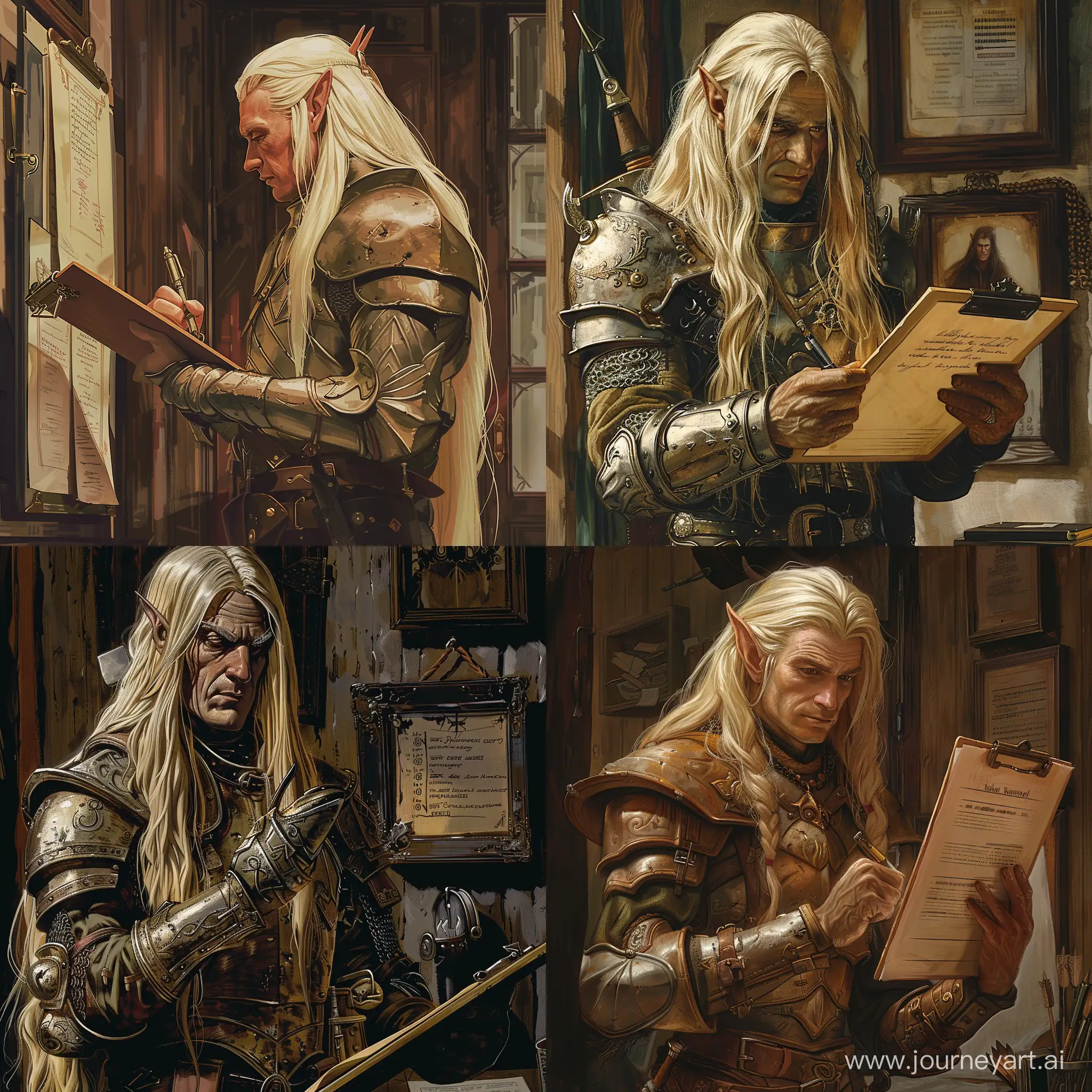Middle aged elven fighter,  long blonde hair, clad jn tarnished armour, looking at a clip borad in an office, comic look, full color, gothic romance novel, golden age illustrations, high dynamic range