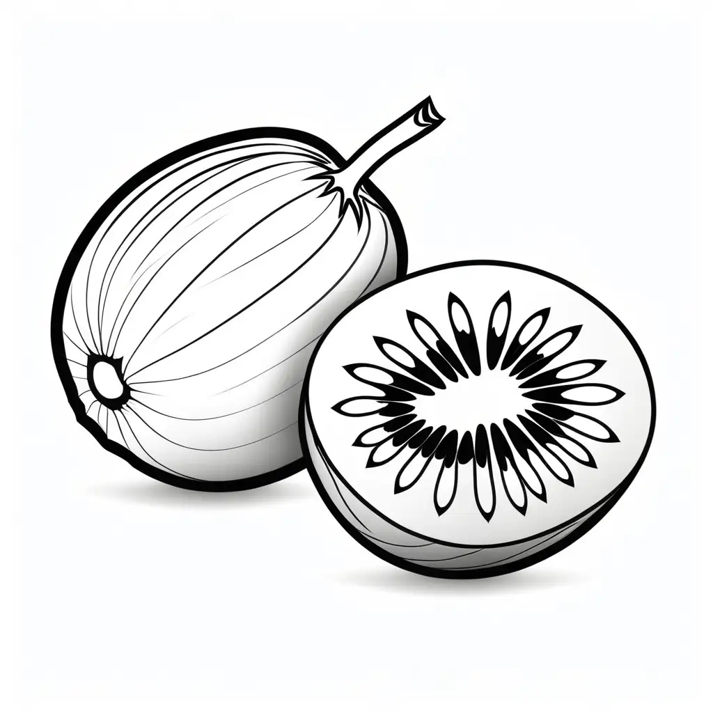 kiwi fruit, cartoon crayon style, white background, Coloring Page, black and white, line art, white background, Simplicity, Ample White Space. The background of the coloring page is plain white to make it easy for young children to color within the lines. The outlines of all the subjects are easy to distinguish, making it simple for kids to color without too much difficulty