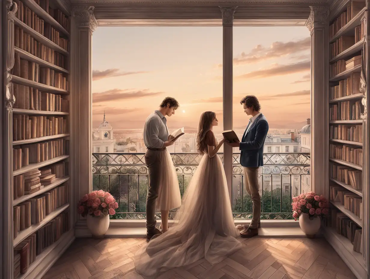 romance, bookshelves, couple in the balcony