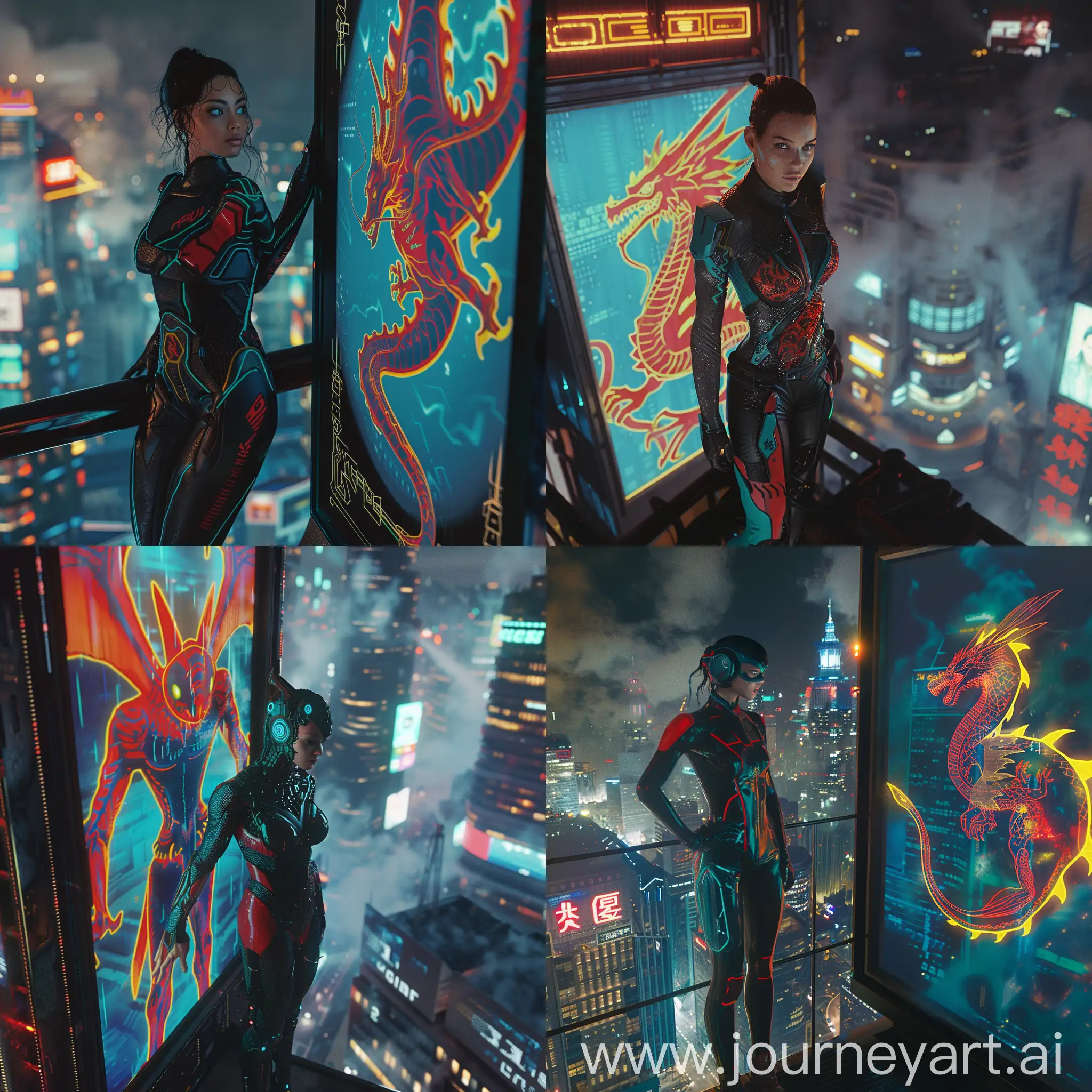 close up photo portrait of a slender pretty female futuristic vigilante in a black,red and teal high-tech suit, standing on a rooftop of a skyscraper at midnight overlooking a sprawling, in focus intricately detailed colourful neon lit futuristic style city . close up capturing the vigilante in center focused stood next to a futuristic designed billboard with a stunning advertisment image. steam. 35mm film The lighting is moody and atmospheric, with the moonlight casting long, eerie shadows.darkness, steam.huge 3D futuristic holographic display depicting a dragon in red blue with yellow outline
