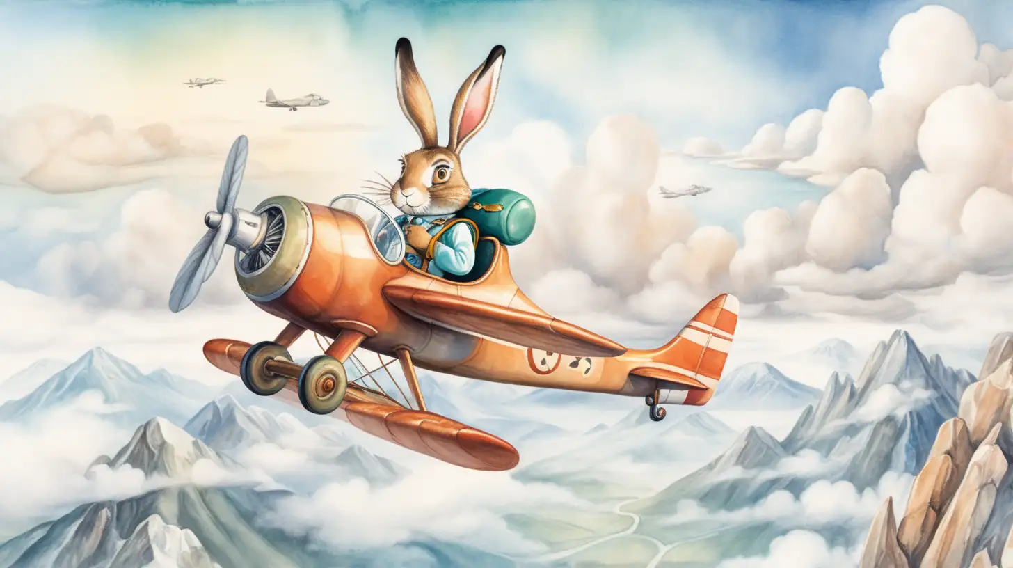 Zde je ilustrace zajíc pilot v letícím letadlem, který hravým a nápaditým způsobem zachycuje dobrodružného ducha raného letectví. na obrázku je vidět více hory a v oblacích je jen letadlo s zajíček, akvarel styl