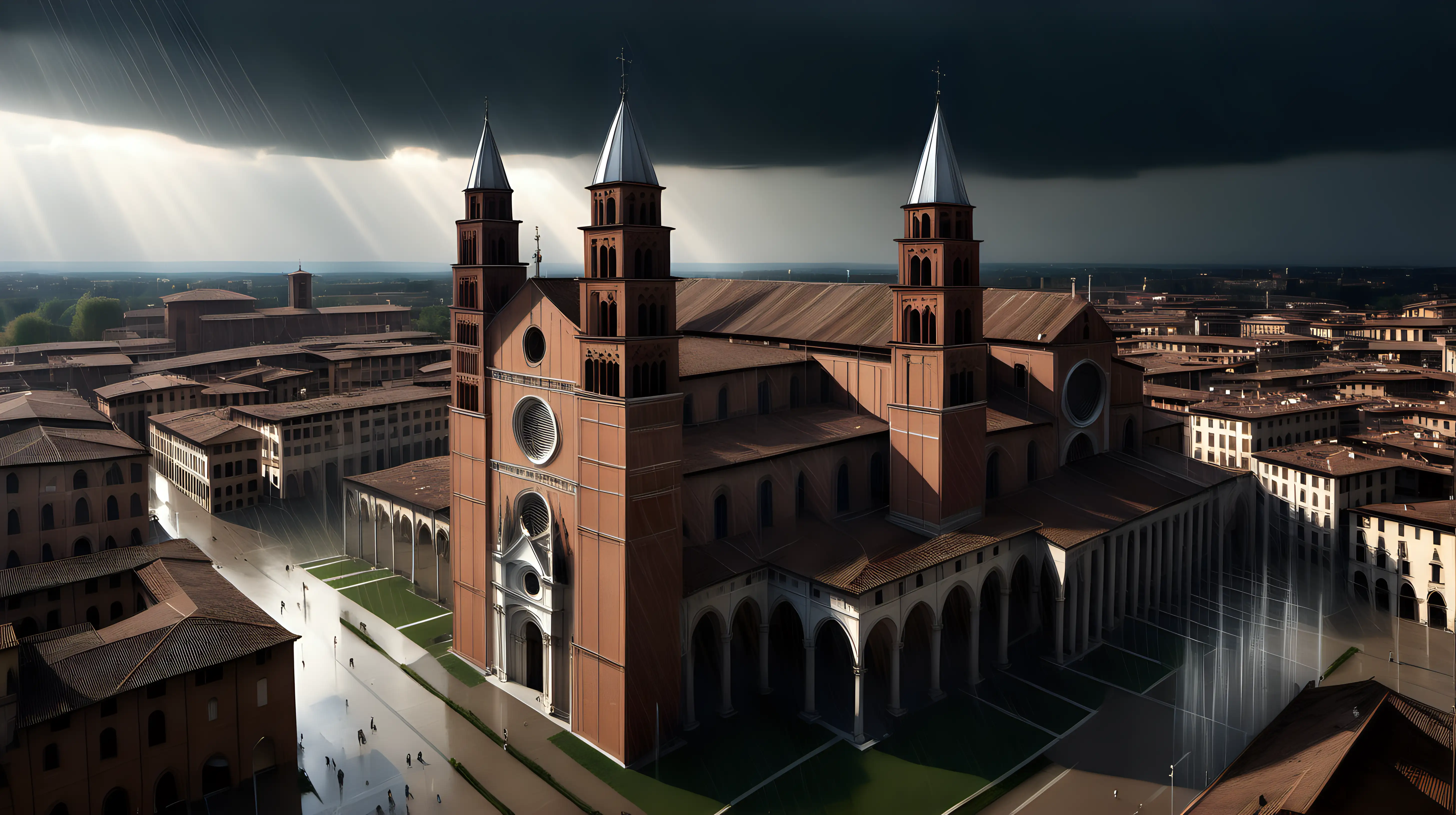 Año 1525, imagen fotorrealista , catedral de Pavía, lluvia, rayos en el cielo, foto aérea 