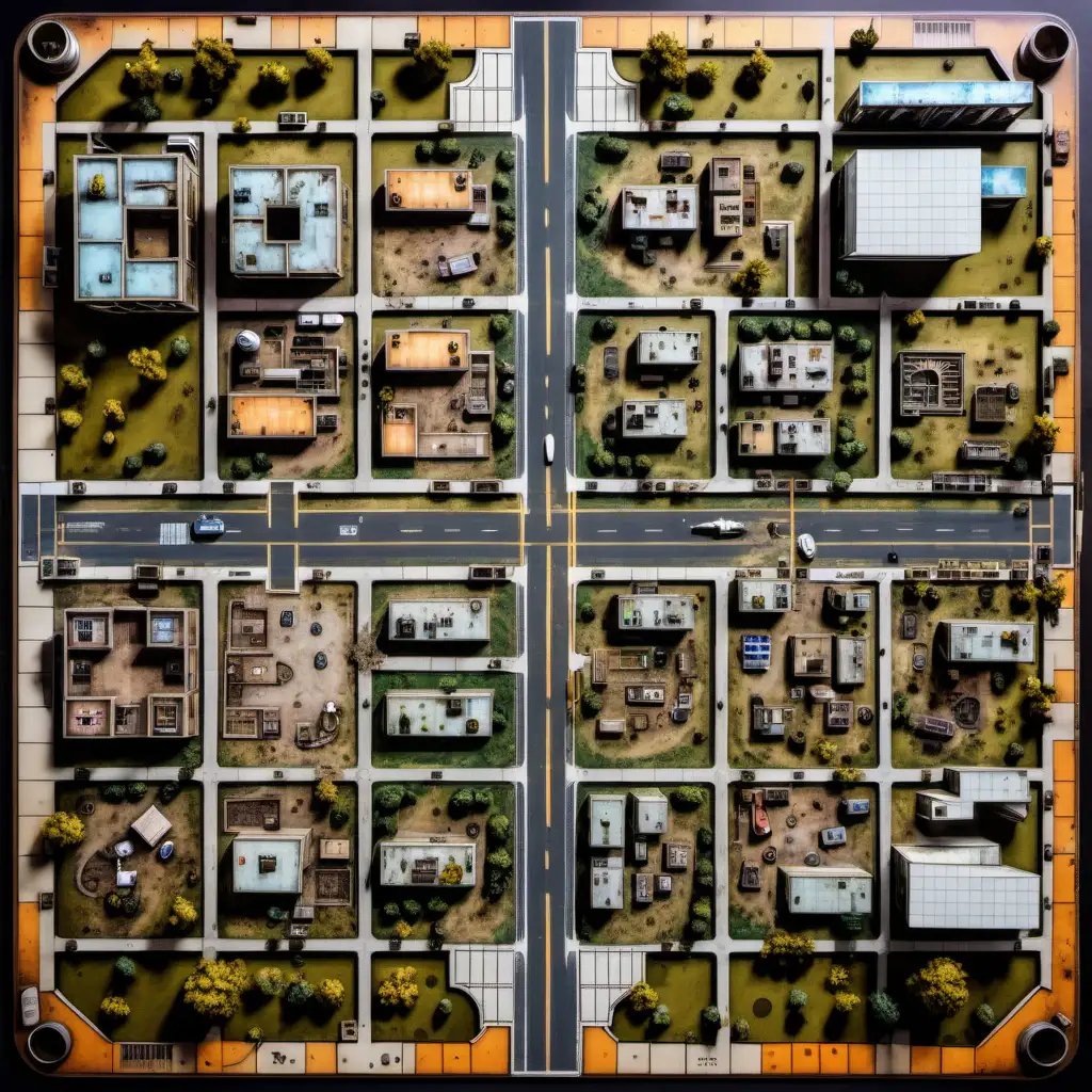 A board for a post-apocalypse themed board game, representing a straight top-down satellite view of a street plan of an abandoned American town, but without the towers on the corners. The buildings should have roofs. There is an abandoned police station, a clinic, a gas station, and a lab. In the center is a small survivor-camp.